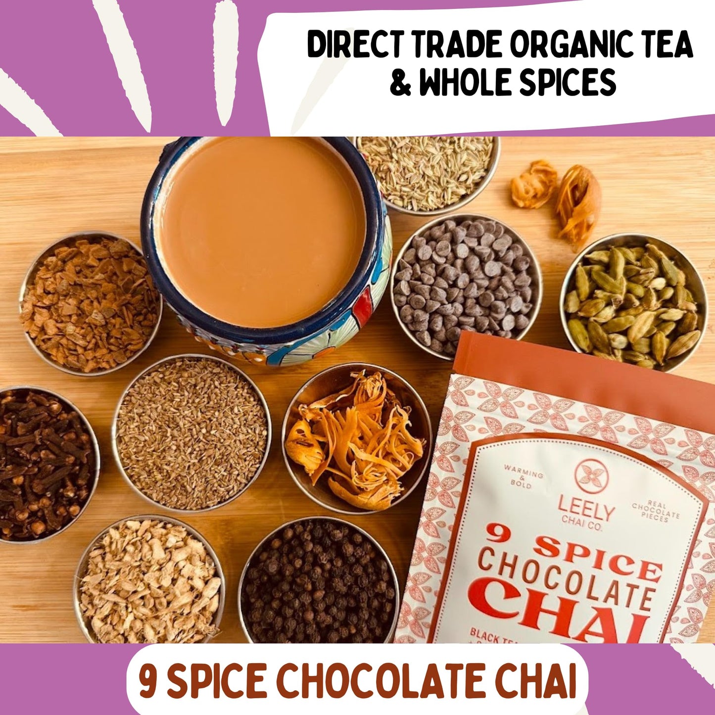 Leely Chai Co. Chocolate Masala Chai Loose Leaf. Real chocolate pieces. Small Batch, Black Tea & Whole Spices, Authentic Brew or Steep, 5OZ, 20 Cups