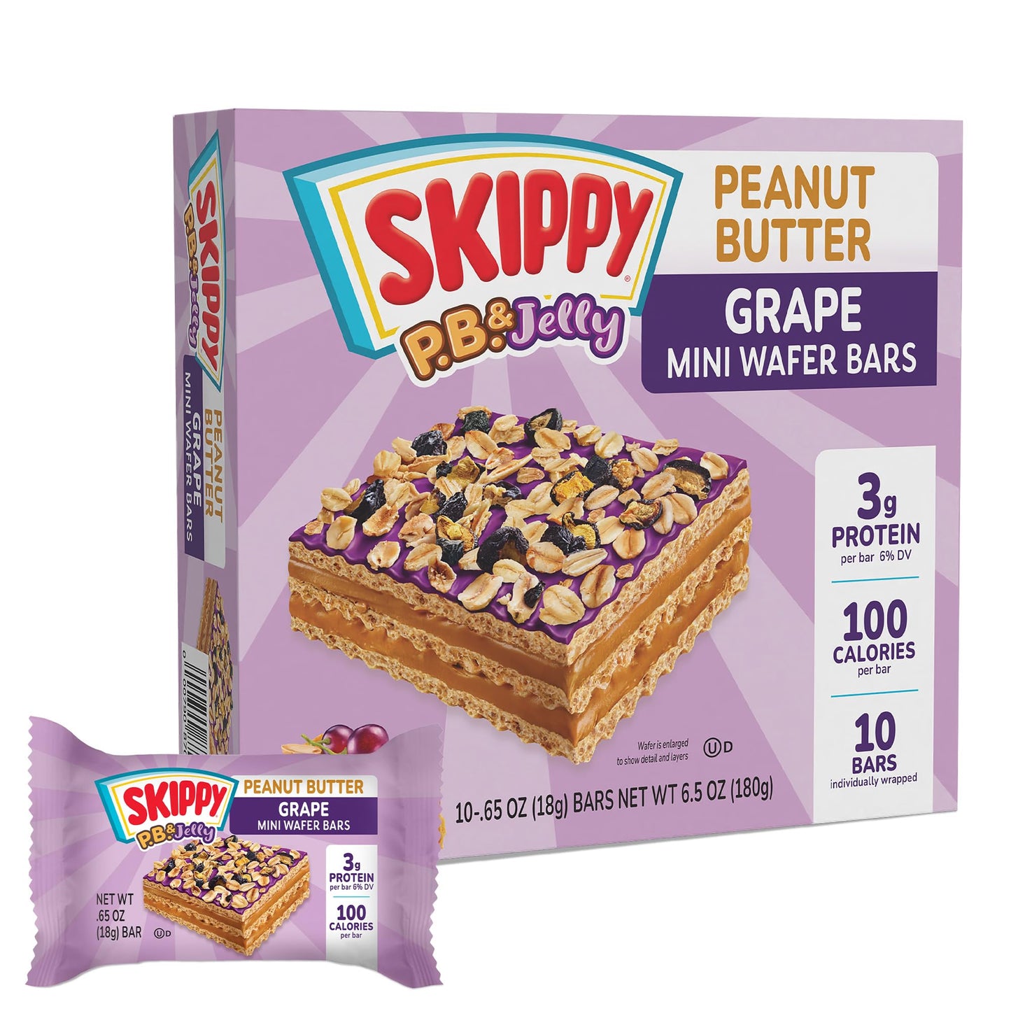 SKIPPY® Peanut Butter Wafer Bars Mini | Grape Jelly Flavored Coating | Peanut Butter Wafers with Real Fruit & Oats on Top | Sweet & Creamy Dessert