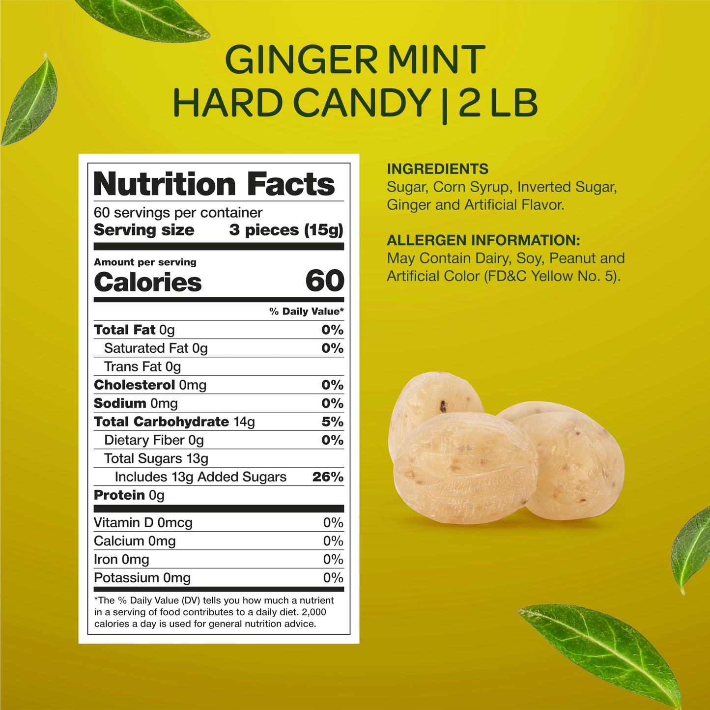 Ginger Mints - 2 Pound Bulk Pack (About 180 Count) - Hard Candy - Soothing Drops - Gluten Free