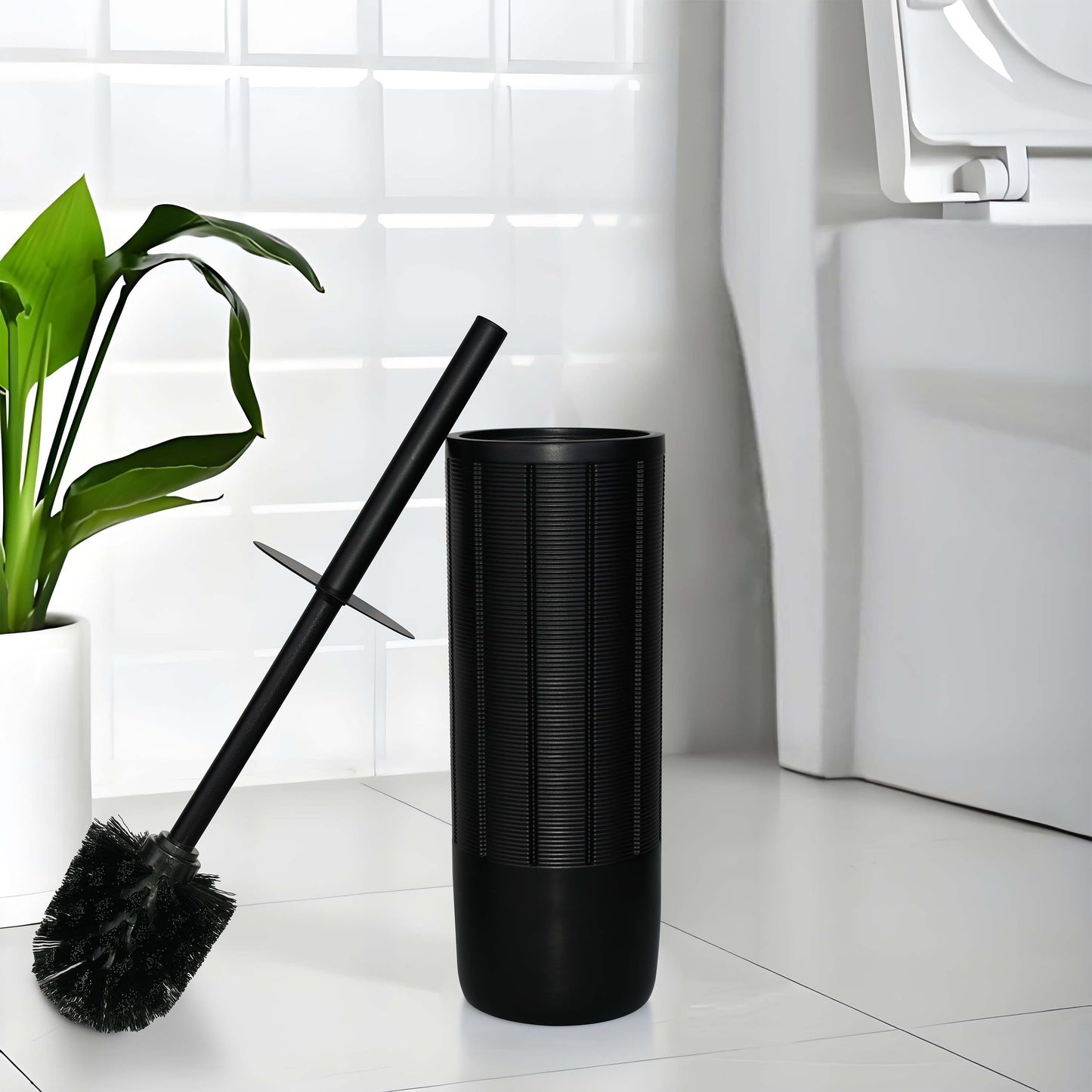 Indecor Home Matte Black Ribbed Design Resin Toilet Bowl Holder and Brush Set, Durable Bathroom Cleaning Tool with Ergonomic Handle and Efficient