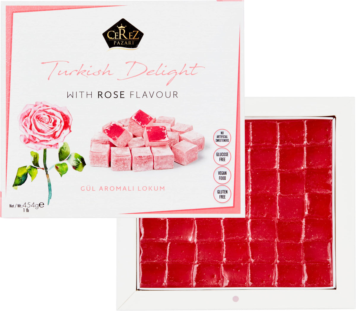 Turkish Delight with Rose Flavor 454gr Gourmet Medium Size Snacks Gift Box | No Nuts Sweet Luxury Traditional Confectionery Vegan Soft Candy Dessert