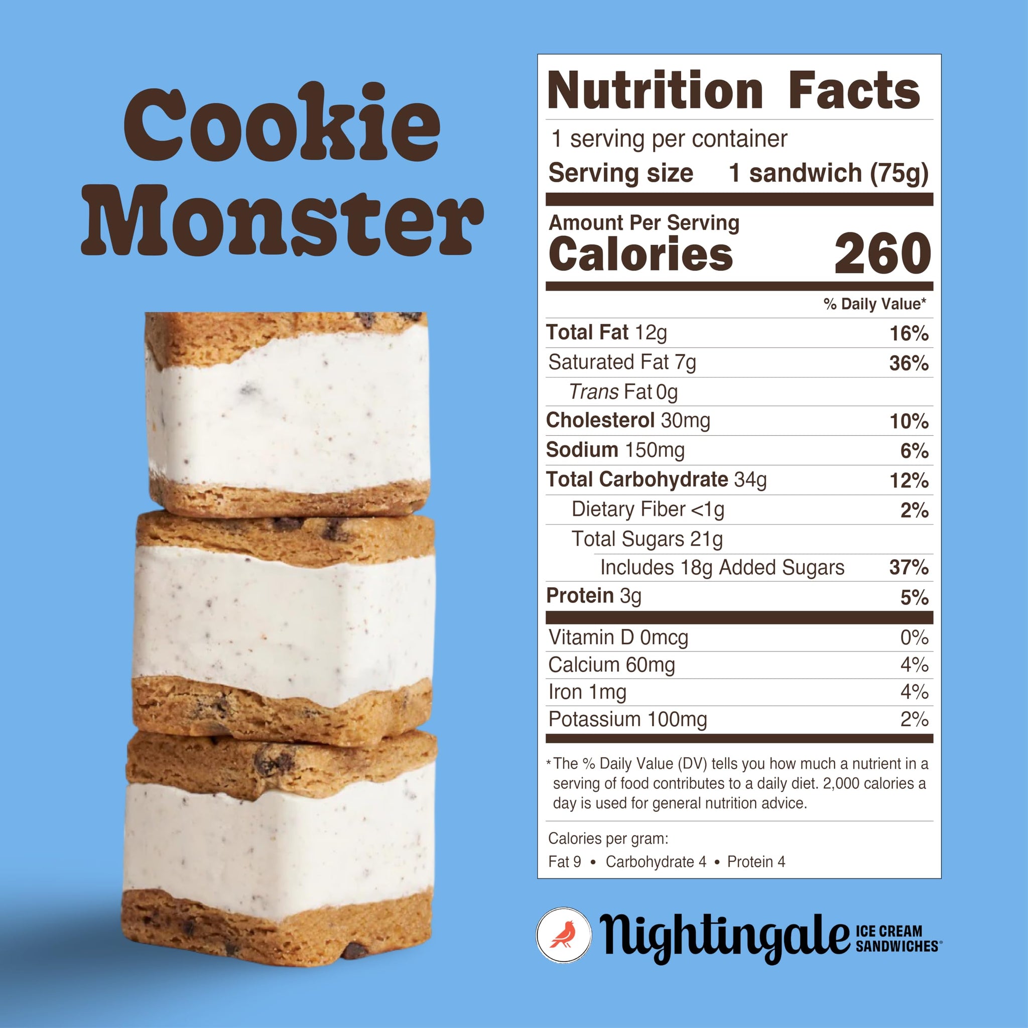 Nightingale Ice Cream Sandwiches, Cookie Monster Ice Cream Sandwich, 2.6 Ounce