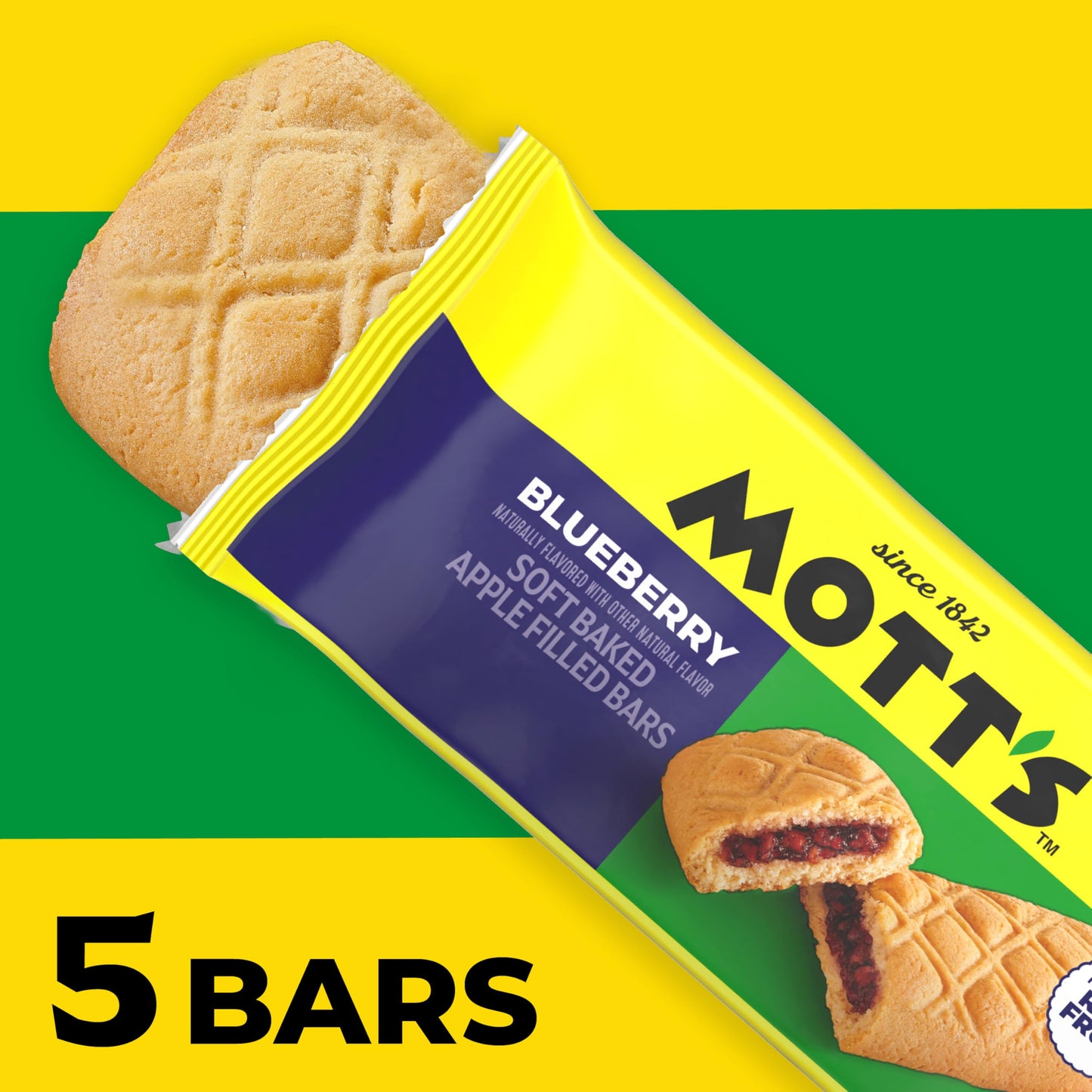 Mott's Soft Baked Apple Filled Bars, Blueberry Flavor Snacks, Made with Real Fruit, 5 Ct, 6.55 oz