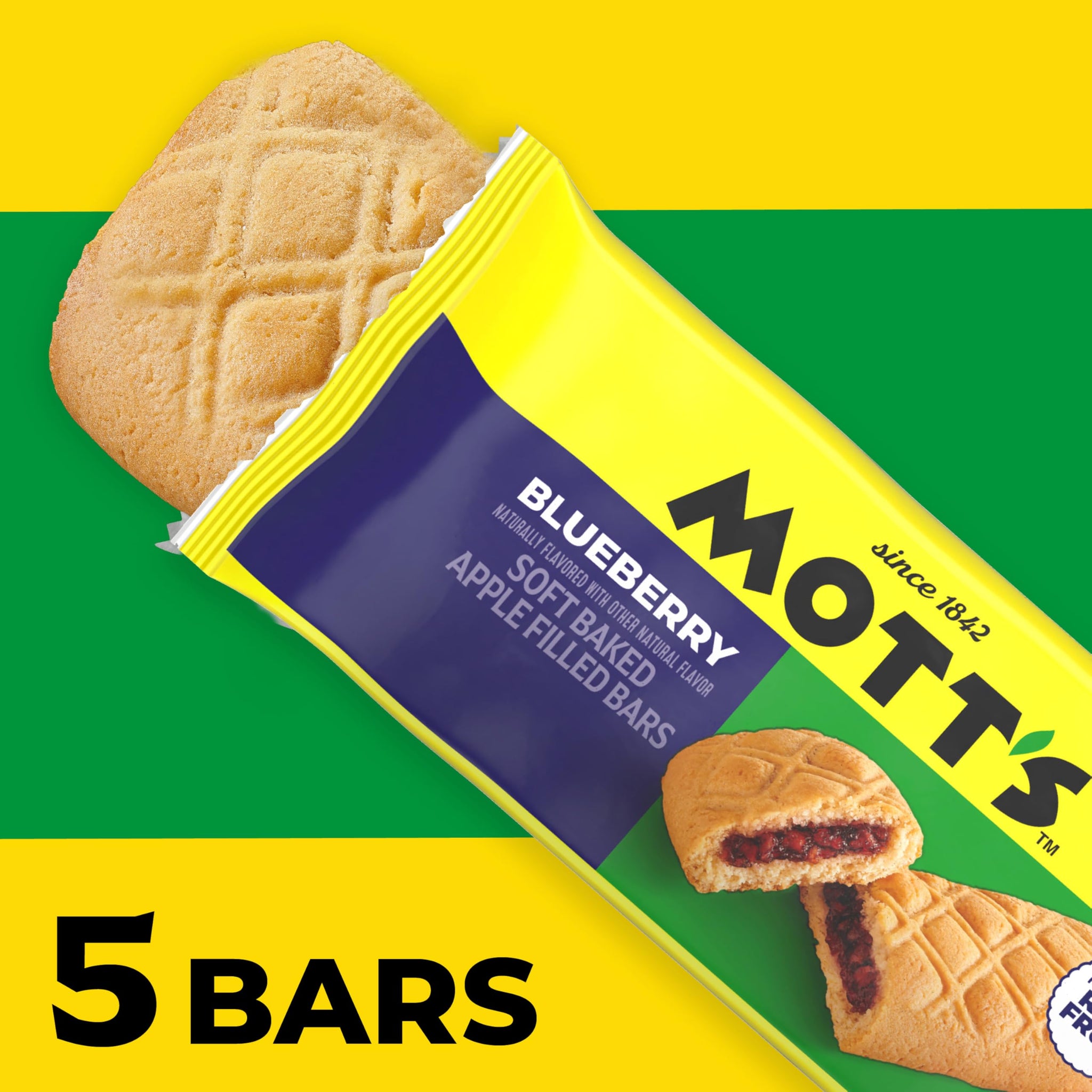 Mott's Soft Baked Apple Filled Bars, Blueberry Flavor Snacks, Made with Real Fruit, 5 Ct, 6.55 oz