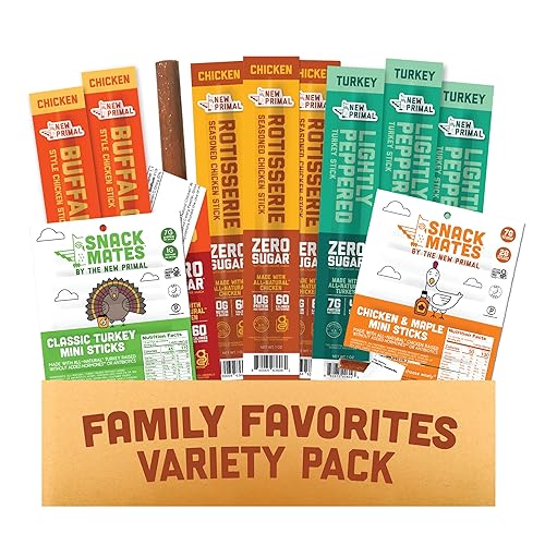 New Primal Family Variety Pack, All Natural Chicken and Turkey Meat Sticks, Healthy Snacks for Adults and Kids, High Protein Snack, Jerky Gift Box, 5