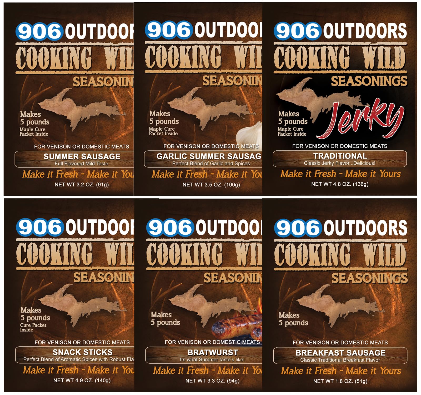 Cooking Wild Seasonings DEER CAMP Variety 6 Pack, Seasongs up to 30 pounds of Wild Game or Domestic Meat, 1.56 pounds