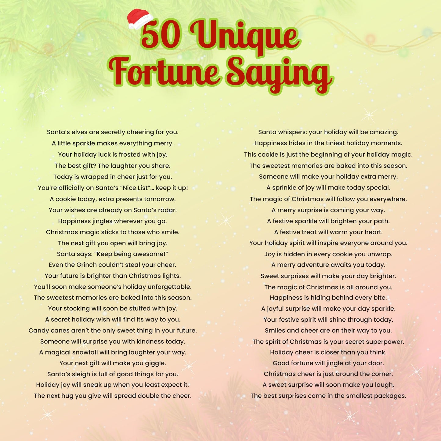 4E's Novelty Christmas Fortune Cookies Bulk, 50 Individually Wrapped Funny Fortune Cookies with Holiday Sayings for Kids & Adults, Perfect Christmas