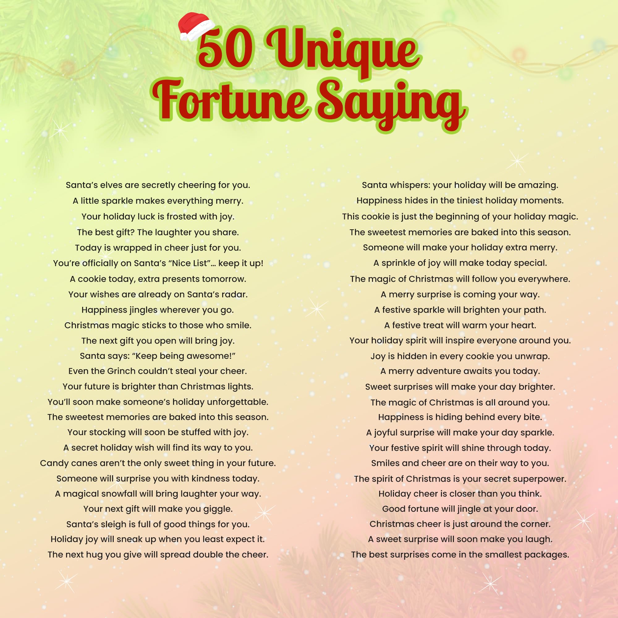 4E's Novelty Christmas Fortune Cookies Bulk, 50 Individually Wrapped Funny Fortune Cookies with Holiday Sayings for Kids & Adults, Perfect Christmas