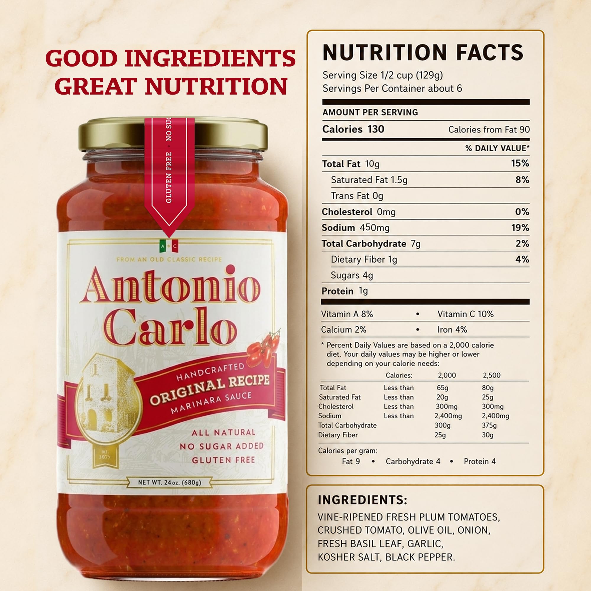 Antonio Carlo 3rd Generation Italian-Style Handmade Gourmet Marinara Pasta Sauce - Non-Dairy, Gluten-Free, Fresh Pasta Sauce with No Sugar Added