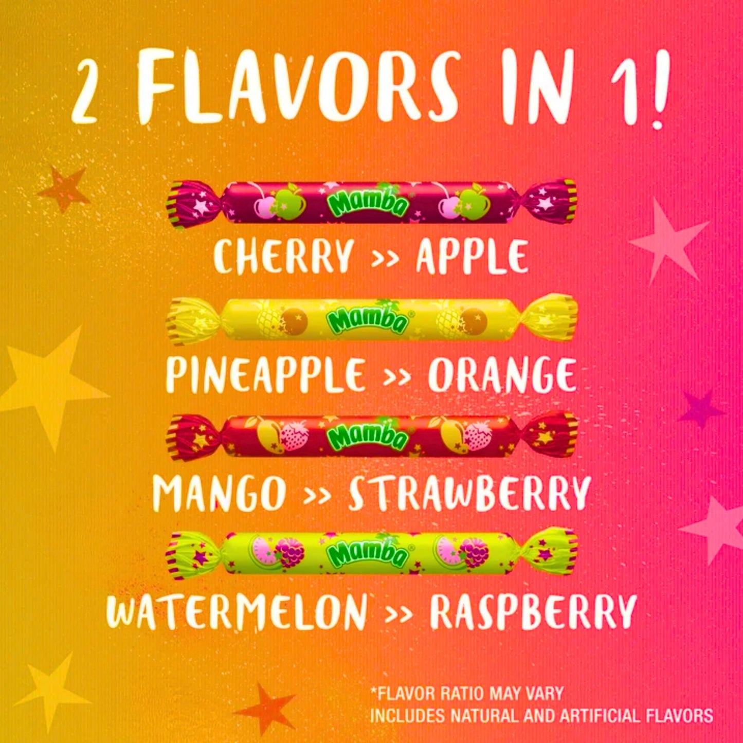 ASSORTIT Mamba Chews Magic Sticks (35 Pack) Fruit Candy Variety, 8 Fun Flavors 2-In-1 Fruity Mix, Individually Wrapped Tropical Chewy Candies Share