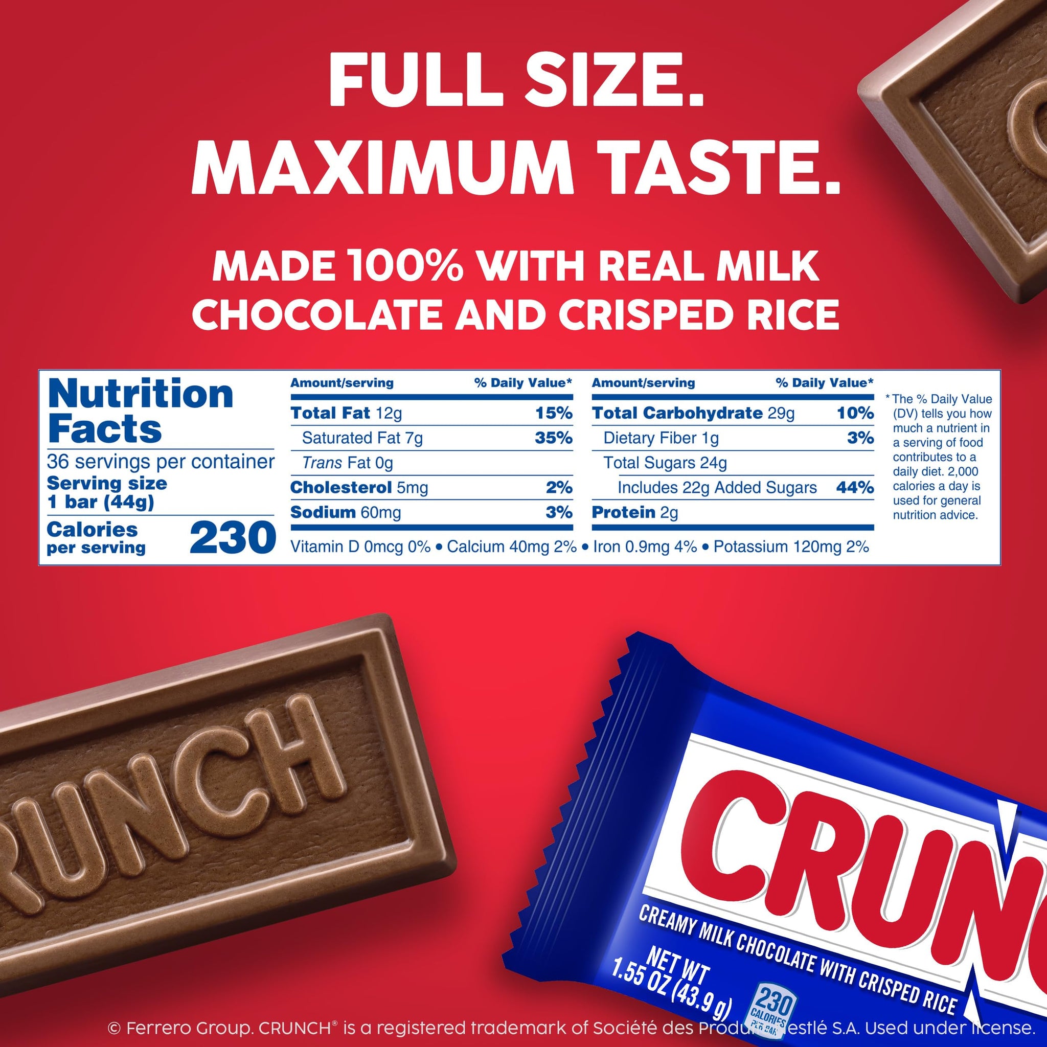 CRUNCH Full-Size Candy Bar, Creamy Milk Chocolate with Crunchy Crisped Rice, 36 Individually Wrapped Bars, 1.55 oz Each