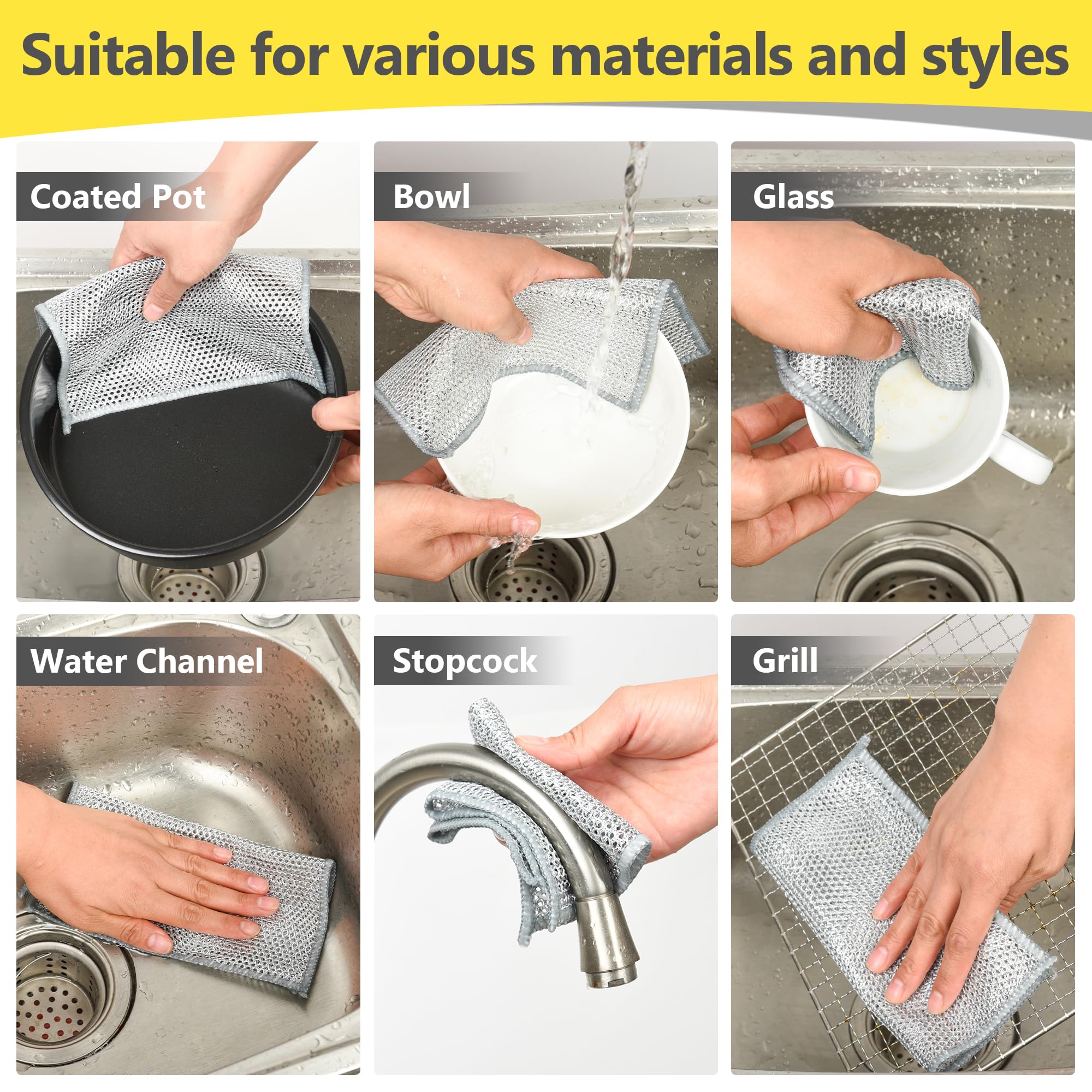 Liyuelome Double-Layer Multipurpose Wire Dishwashing Rag, Non Scratch Wire Dishcloth, Silver Wire Mesh Cleaning Cloths, Steel Wire Dishcloths, Kitchen