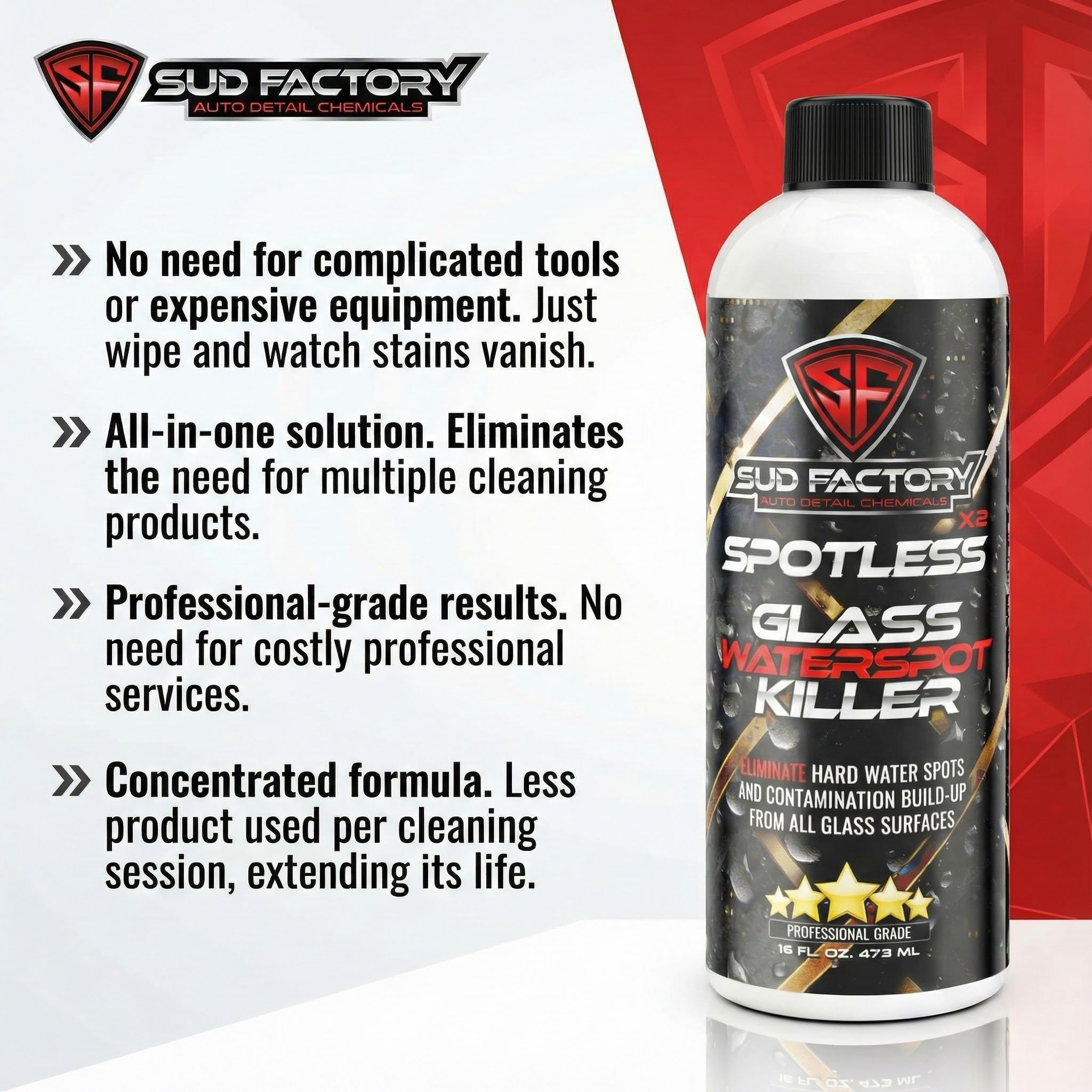 Sud Factory Hard Water Spot Remover for Glass Spotless X2 - Removes Water Stains from Shower Doors, Car Windows, Windshields - Professional Strength