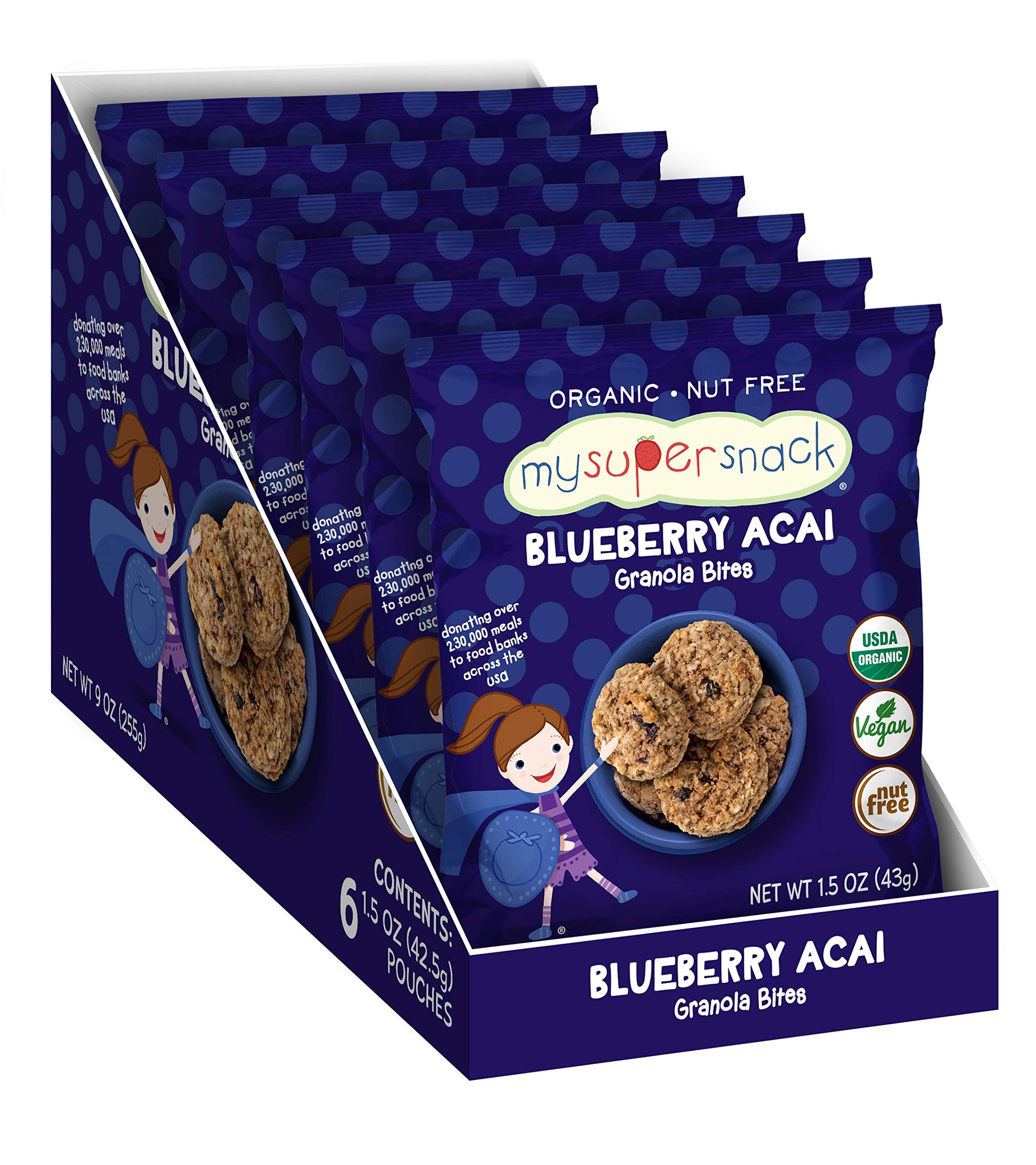 MySuperSnack Organic Granola Bites (Blueberry Acai) - 12 Snack Packs, Healthy Snacks for Kids, Nut Free