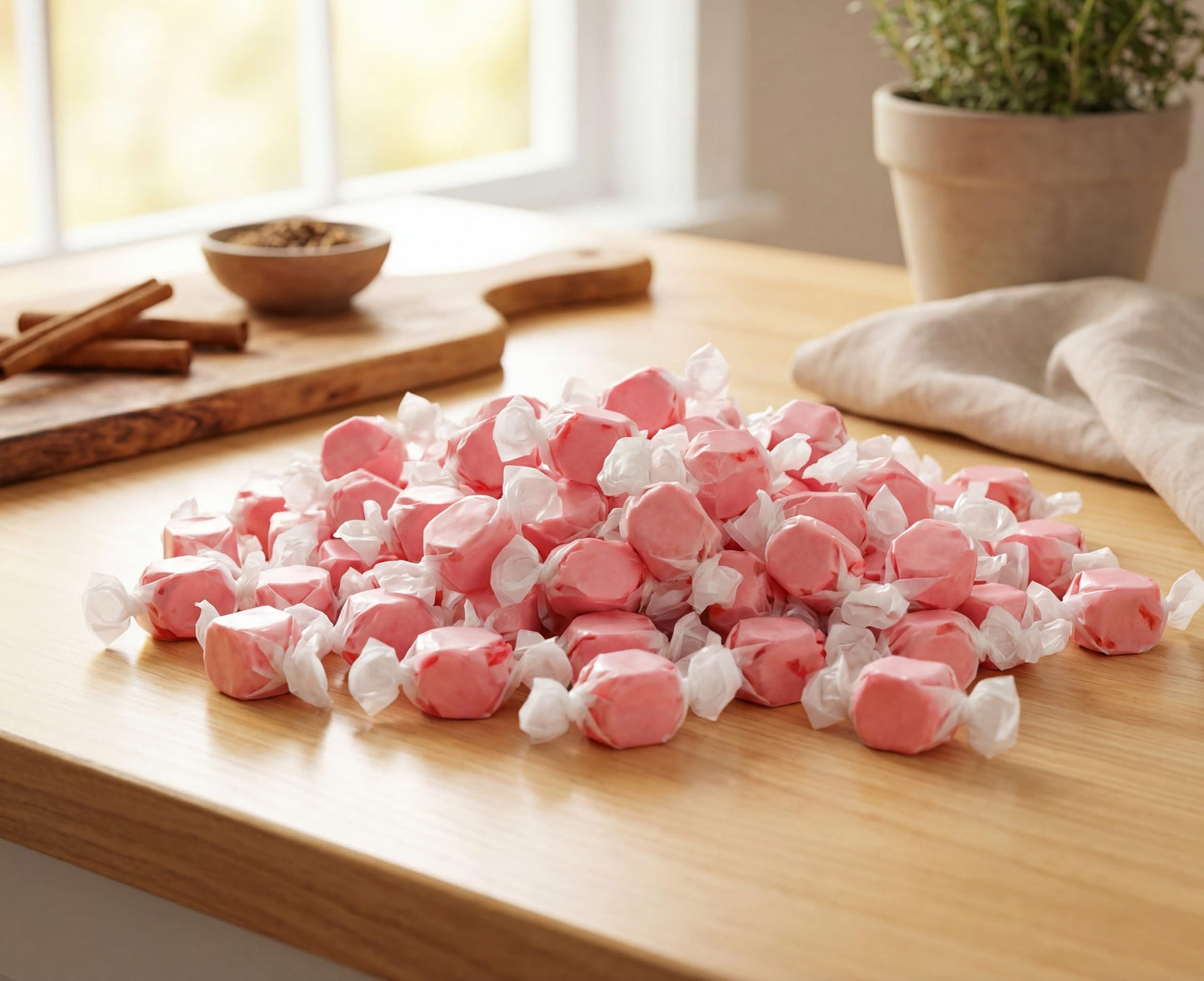 Cinnamon Salt Water Taffy 1.5 lbs, Soft Chewy Candy, Sweet & Spicy Flavor, Individually Wrapped Bulk Classic Old Fashioned Treat