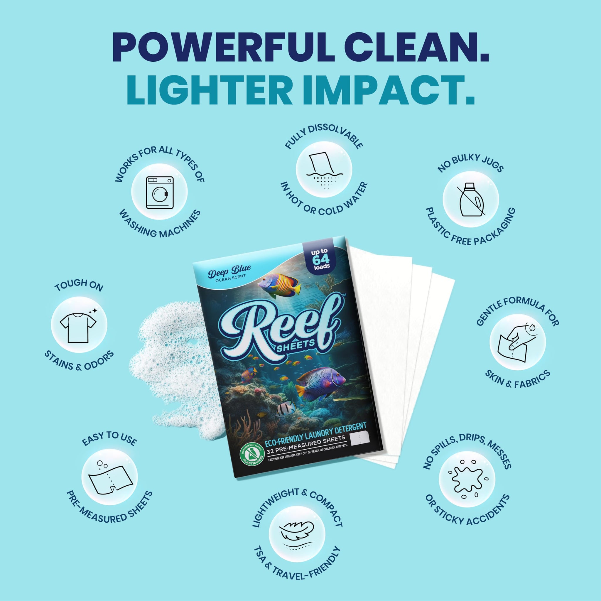 Reef Sheets Laundry Detergent Sheets, 64 loads, Hypoallergenic & Plastic-Free Eco-Friendly Packaging, Gentle on Skin, Tough on Stains