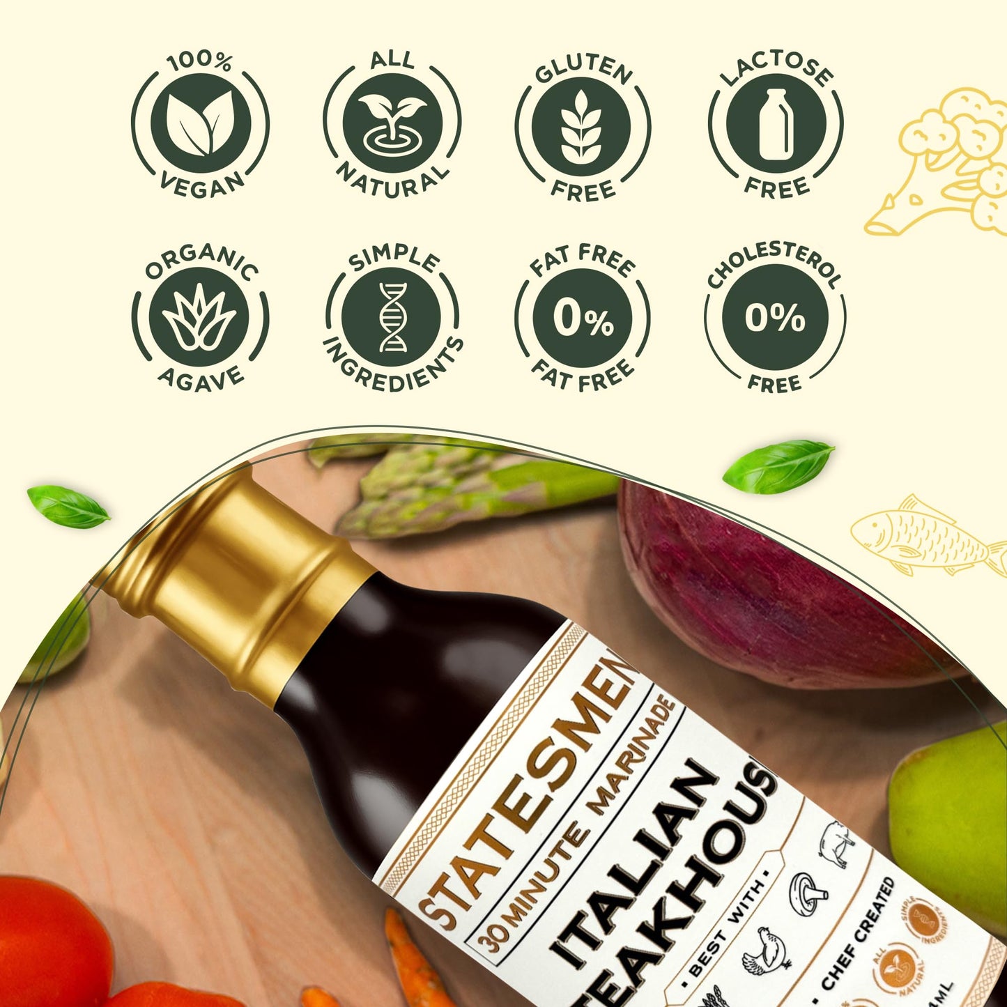 Statesmen Italian Steakhouse 30 Minute Marinade, 12 oz - Gluten-Free, Vegan, Lactose-Free Italian Herb Marinade for Chicken, Steak, Pork & Vegetables