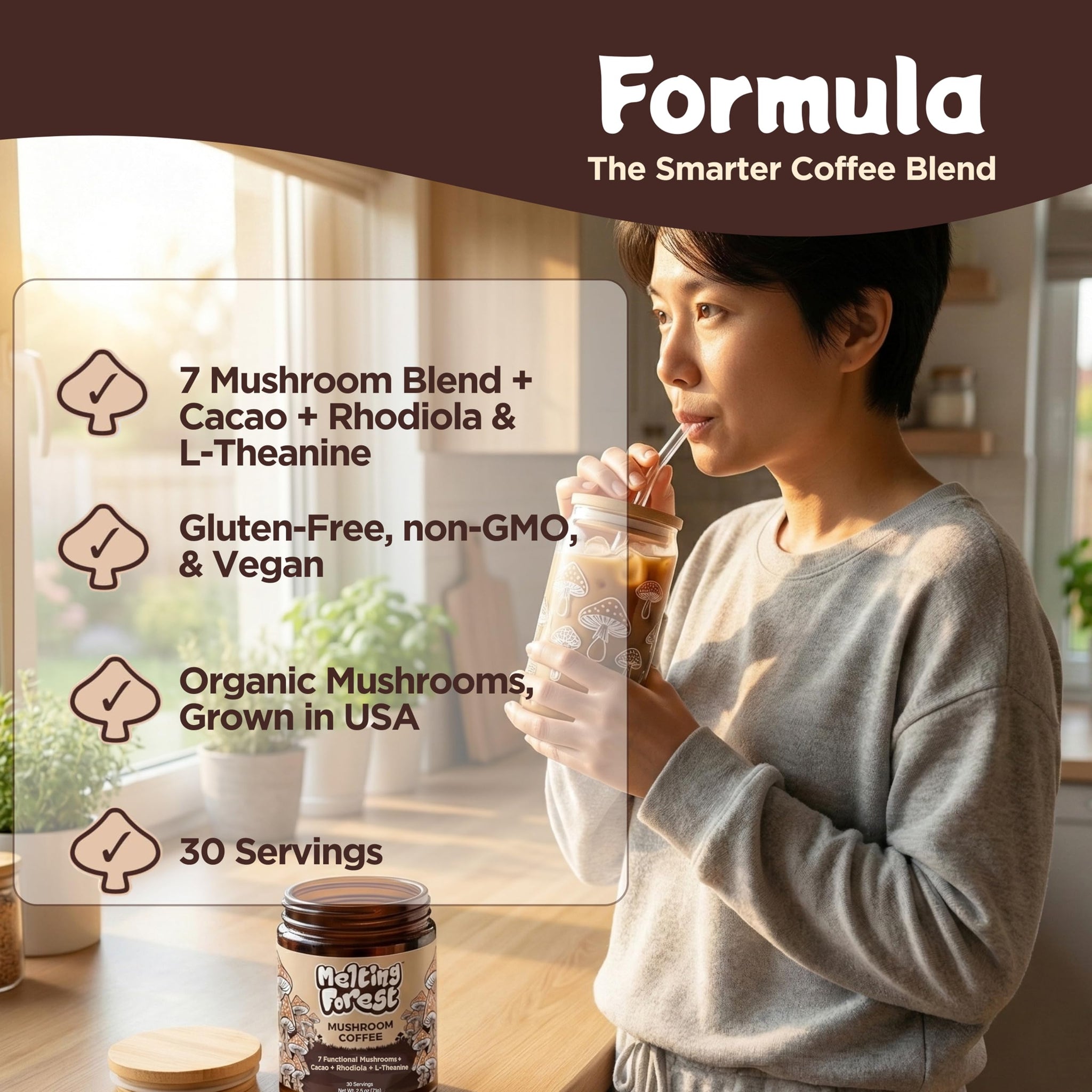 Melting Forest Mushroom Coffee, with 7 Functional Mushrooms, Cacao, Rhodiola, L-Theanine, Reishi & Lion's Mane, Stress Relieving, Focus, Cognitive