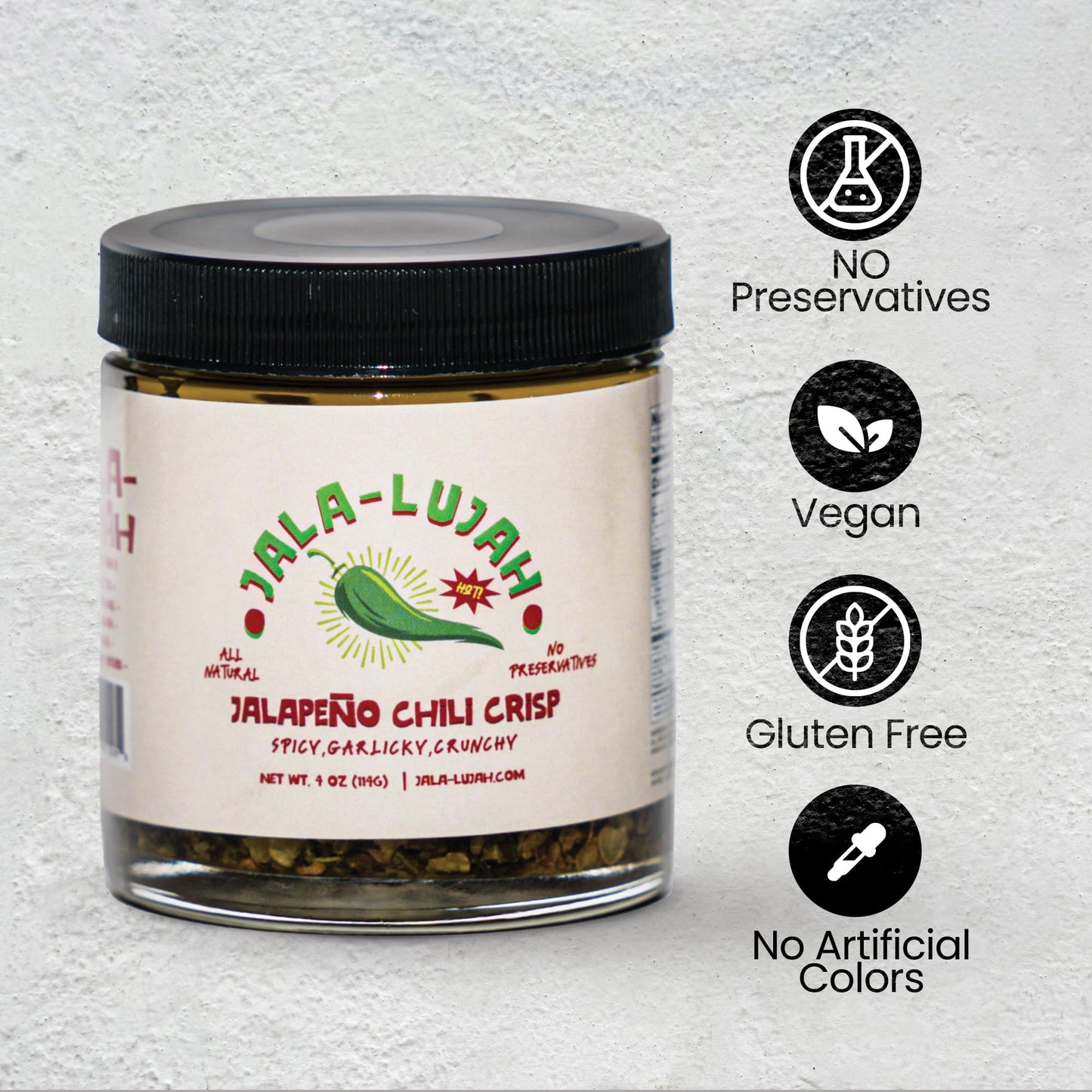 Jala-Lujah Jalapeño Chili Crisp Oil | Crunchy Garlic Chili Crisp Oil for Bold Flavor & Crunch | Vegan, All-Natural & Preservative-Free Condiment |