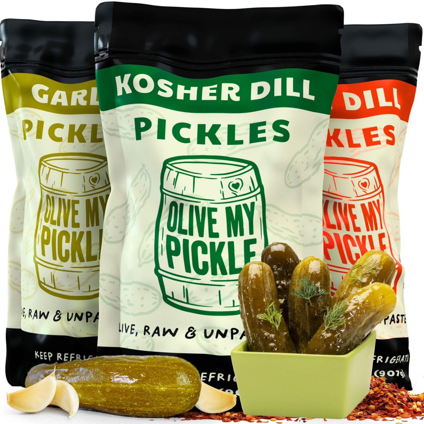 Olive My Pickle Fermented Pickles Probiotic Variety Pack - 96 Ounces | 3-Pack Bundle of Kosher Dill, Garlic, Spicy Kosher Dill Pickles and Brine