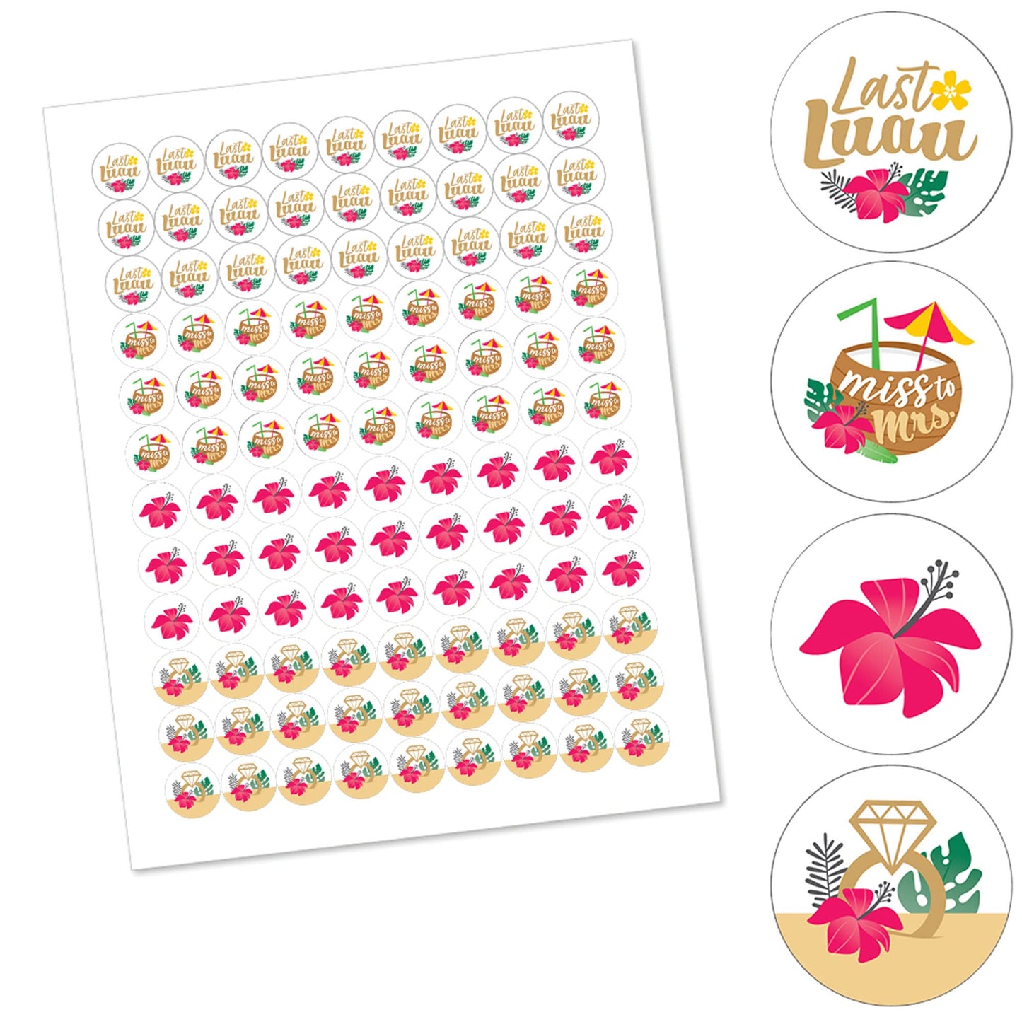 Big Dot of Happiness Last Luau - Tropical Bachelorette Party and Bridal Shower Round Candy Sticker Favors - Labels Fit Chocolate Candy (1 Sheet
