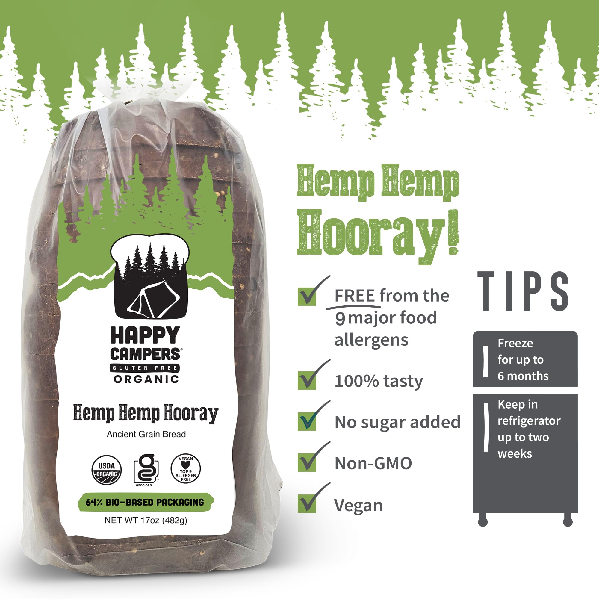 Happy Campers Hemp Hemp Hooray Gluten Free Bread, Multi-Grain, Non-GMO, Vegan, Organic, 17.4 oz Loaf (Pack of 4)