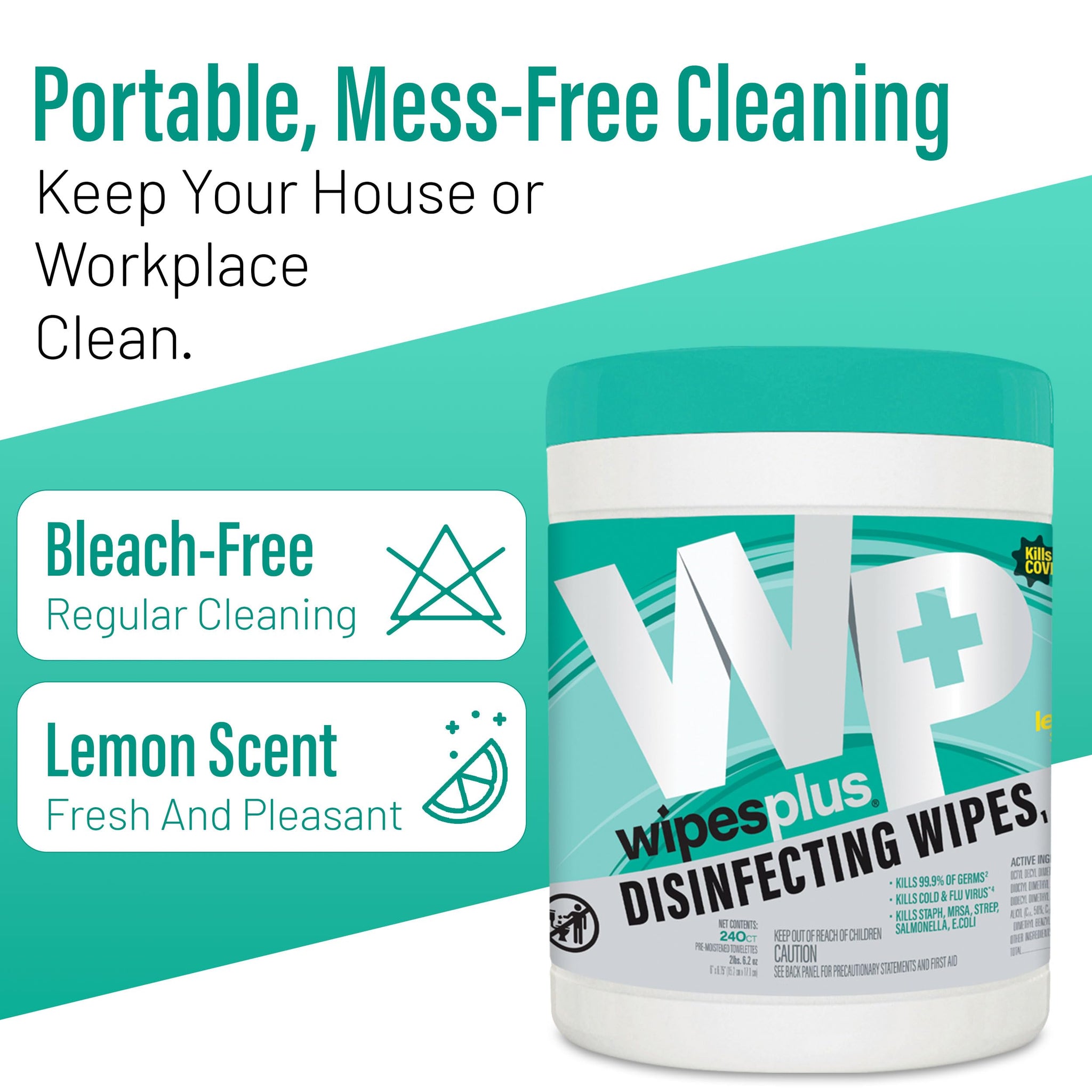WIPESPLUS Disinfecting Surface Wipes Canister Bleach Free with Lemon Scent for Home and Business, 240 Count