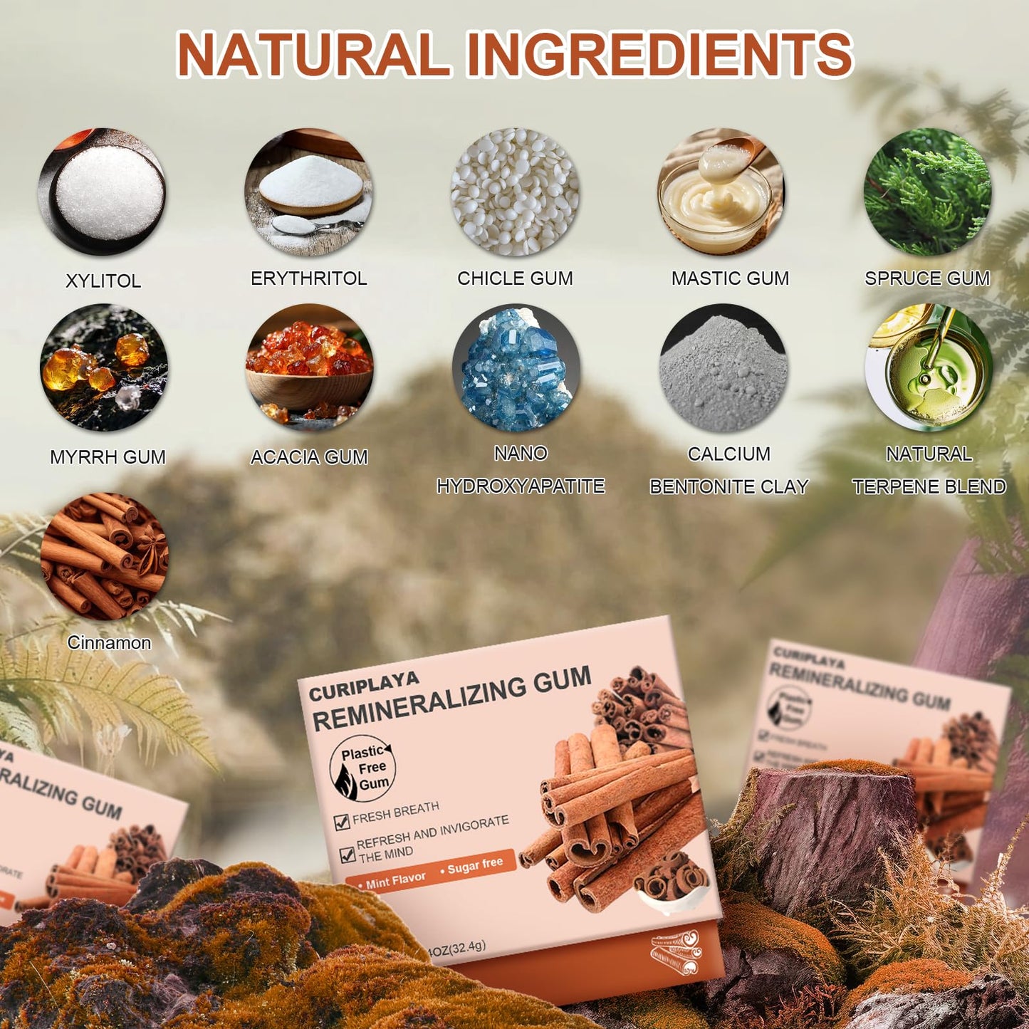 Remineralizing Chewing Gum with Hydroxyapatite, Xylitol - Enamel Protection, Fresh Breath Oral Health, No Aspartame, Dyes, Gluten, Sugar Free, Natural