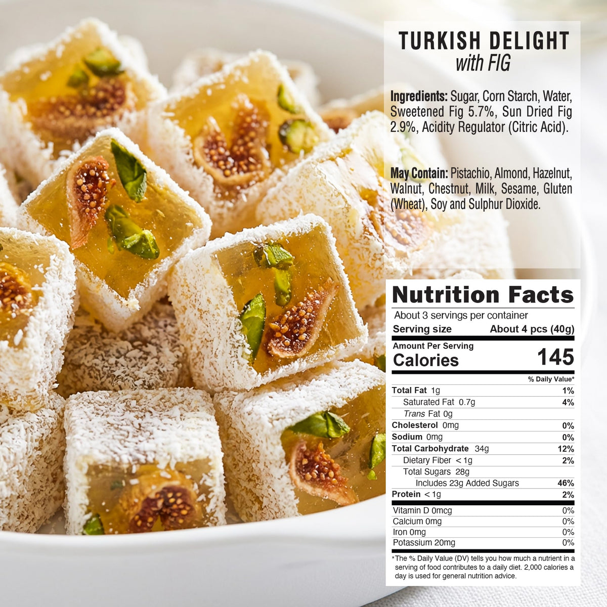 HazerBaba Turkish Delight Candy, Real Fig Flavor, 3.5oz (Pack of 1)
