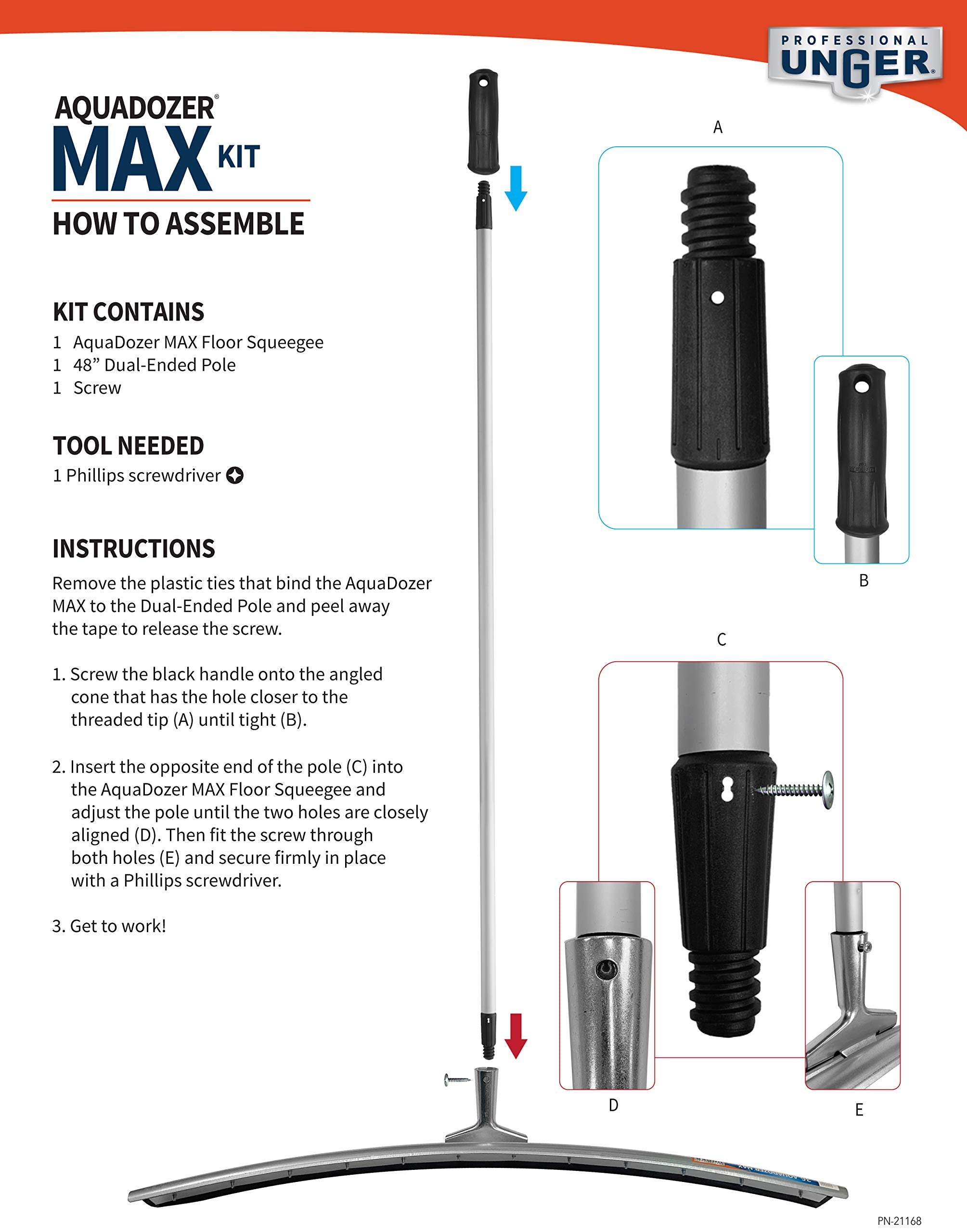 Unger Professional AquaDozer Max Kit, 36” Smooth Surface Curved Floor Squeegee and 48” Dual End Pole, Rubber Blade Scrubber and Broom for Concrete