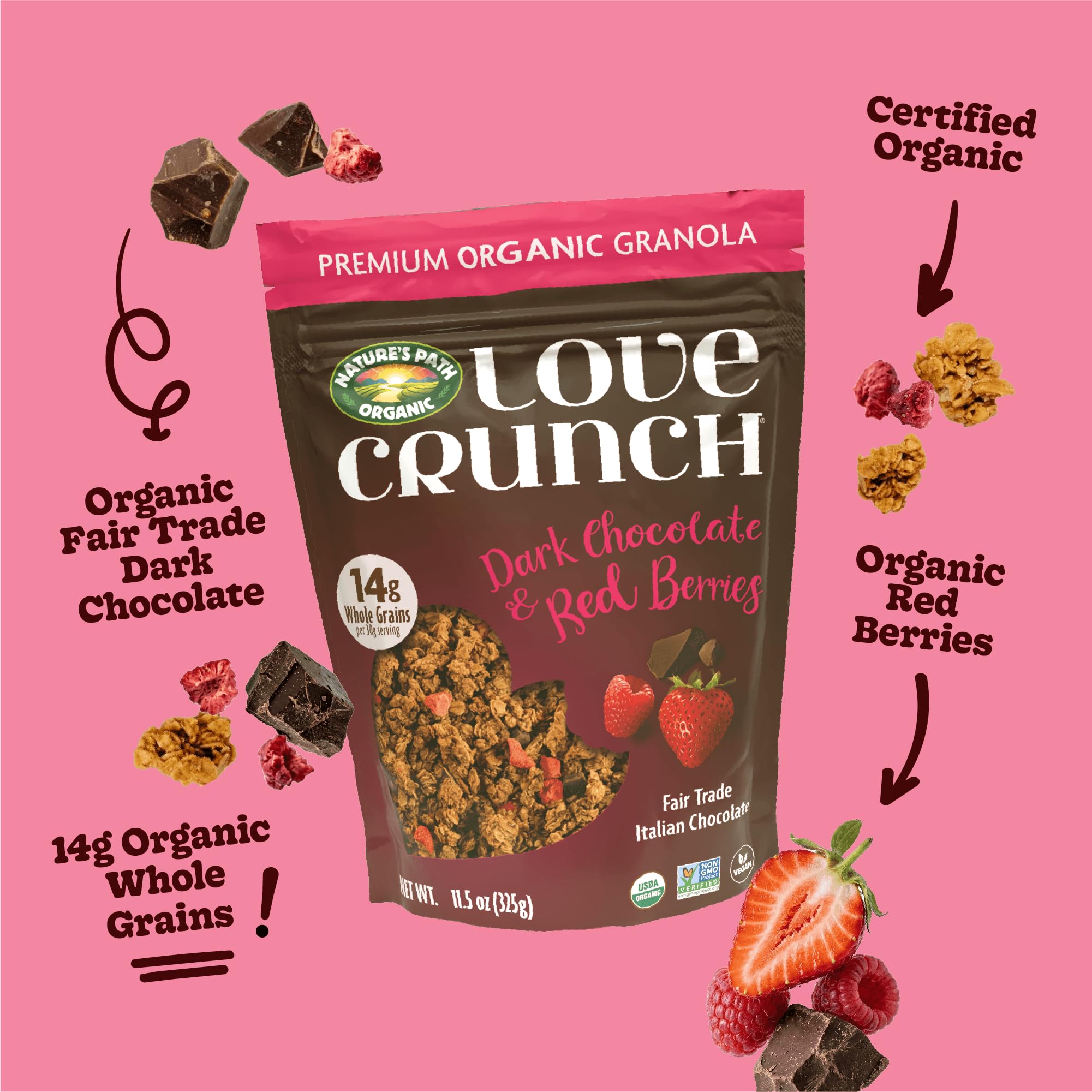 Love Crunch Organic Dark Chocolate & Red Berries Granola, 11.5 oz (Pack of 6), Vegan, Non-GMO, Fair Trade, by Nature's Path