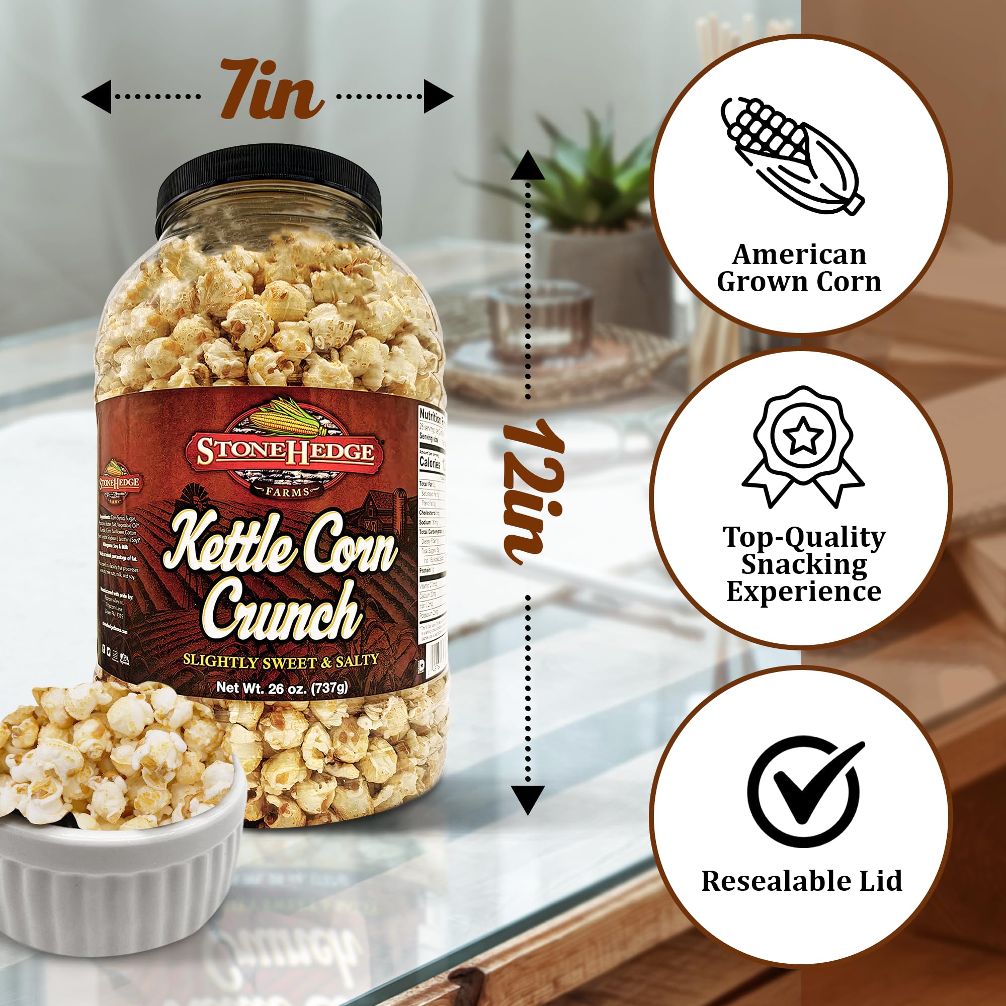 Stonehedge Farms Kettle Corn Crunch Popcorn | 26 oz Large Tub | Perfect for Holidays and Christmas | Bulk Gourmet Popped Flavored Sweet Snacks | Pop