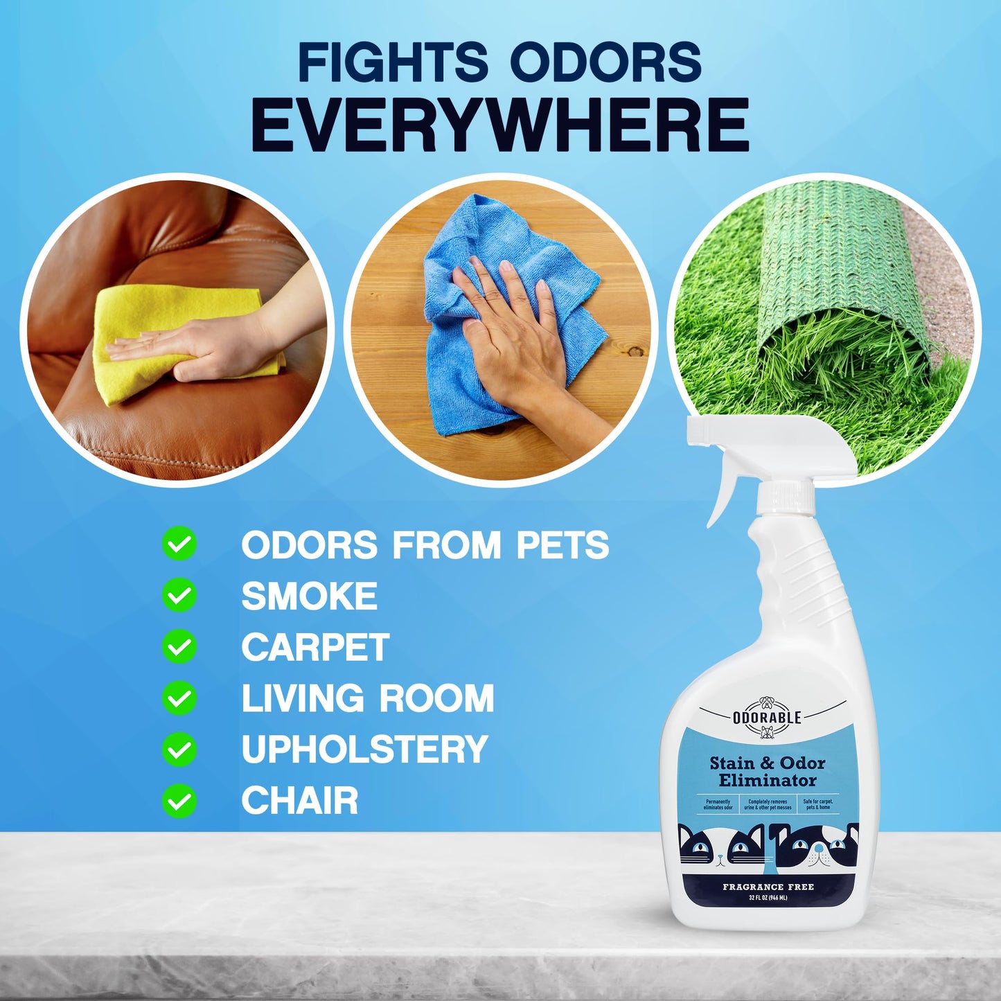 Odorable Stain & Odor Eliminator (32 oz) - Professional Cleaner for Pet Urine, Vomit & Feces, Safe on Carpet, Couch & Floor, Pet Stain Eliminator