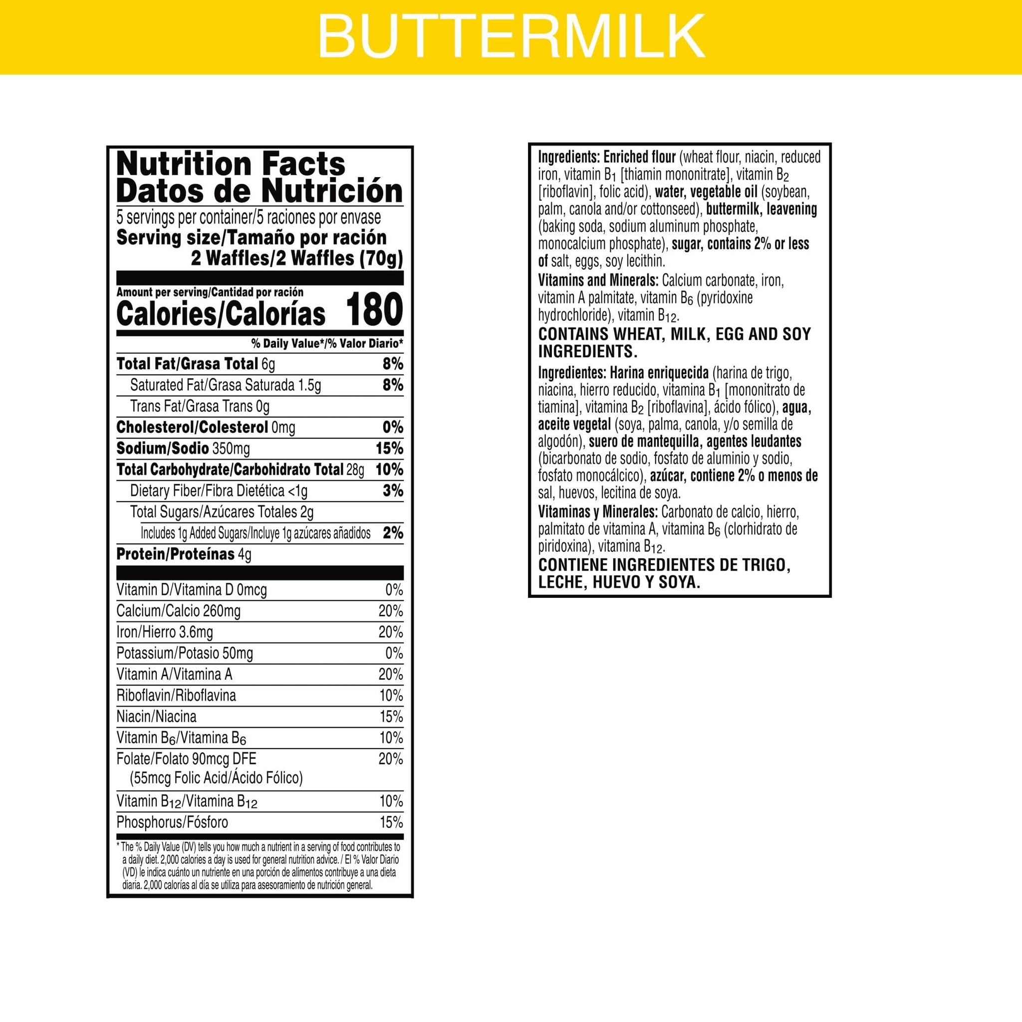 Eggo Frozen Waffles, Frozen Breakfast, Breakfast Food, Buttermilk, 12.3oz Box (10 Waffles)