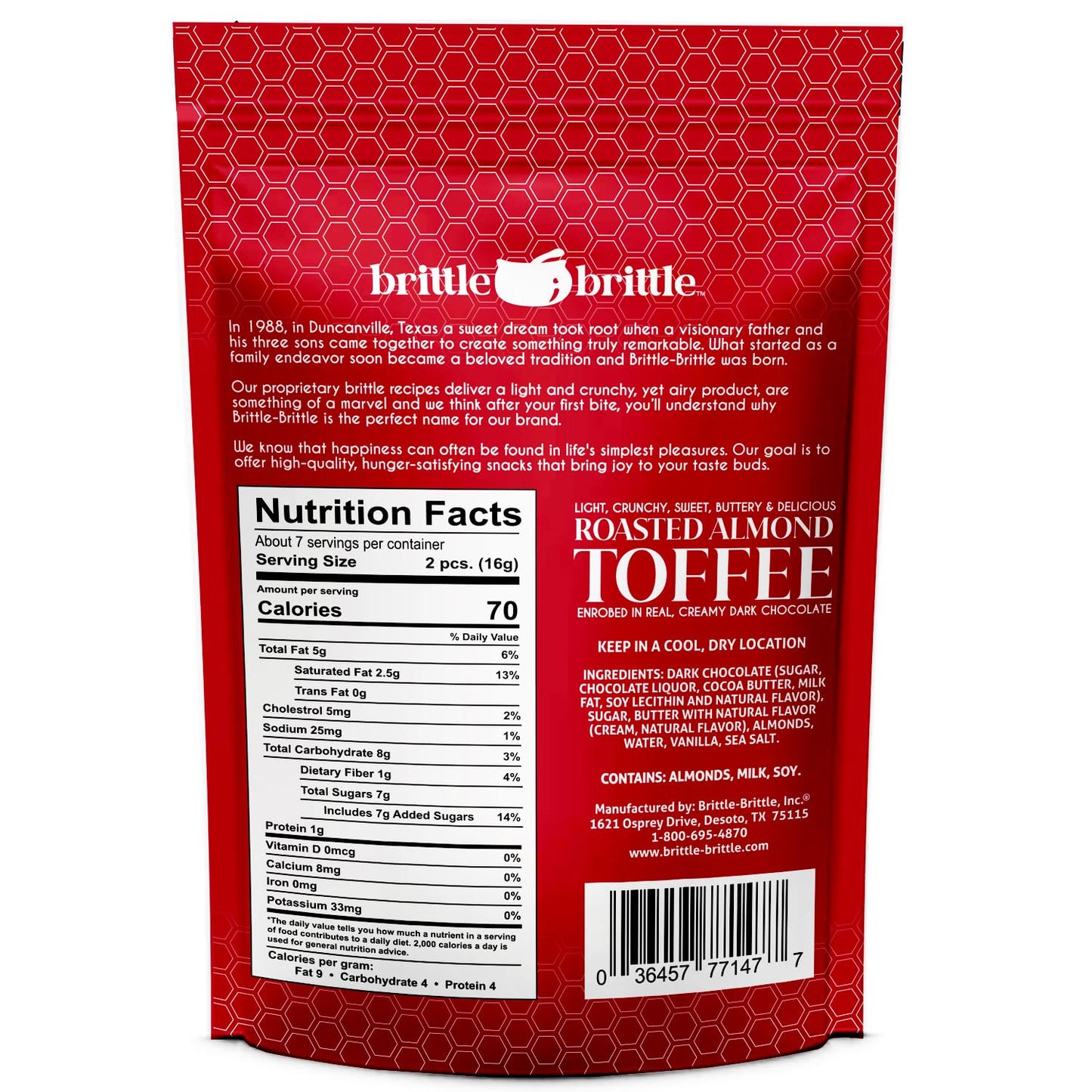 brittle-brittle Roasted Almond Toffee Candy with Dark Chocolate, Handcrafted Gourmet Dessert, Individually Wrapped Treat, Perfect Snack or Gift, 4oz