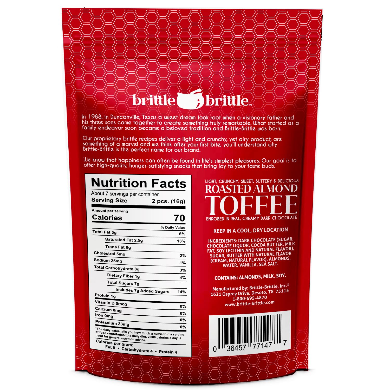 brittle-brittle Roasted Almond Toffee Candy with Dark Chocolate, Handcrafted Gourmet Dessert, Individually Wrapped Treat, Perfect Snack or Gift, 4oz