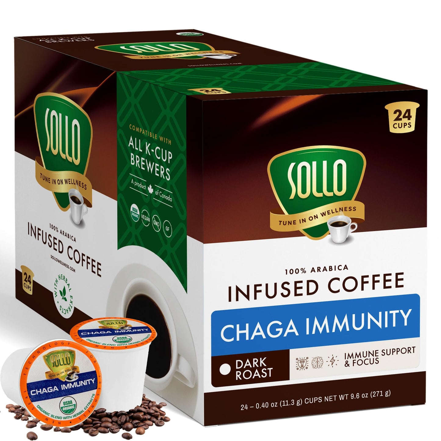 SOLLO Infused Mushroom Coffee K-Cups | Dark Roast Coffee with 100% Chaga Extract | Focus & Immune Support | Compatable with All K-Cups Brewers | 24