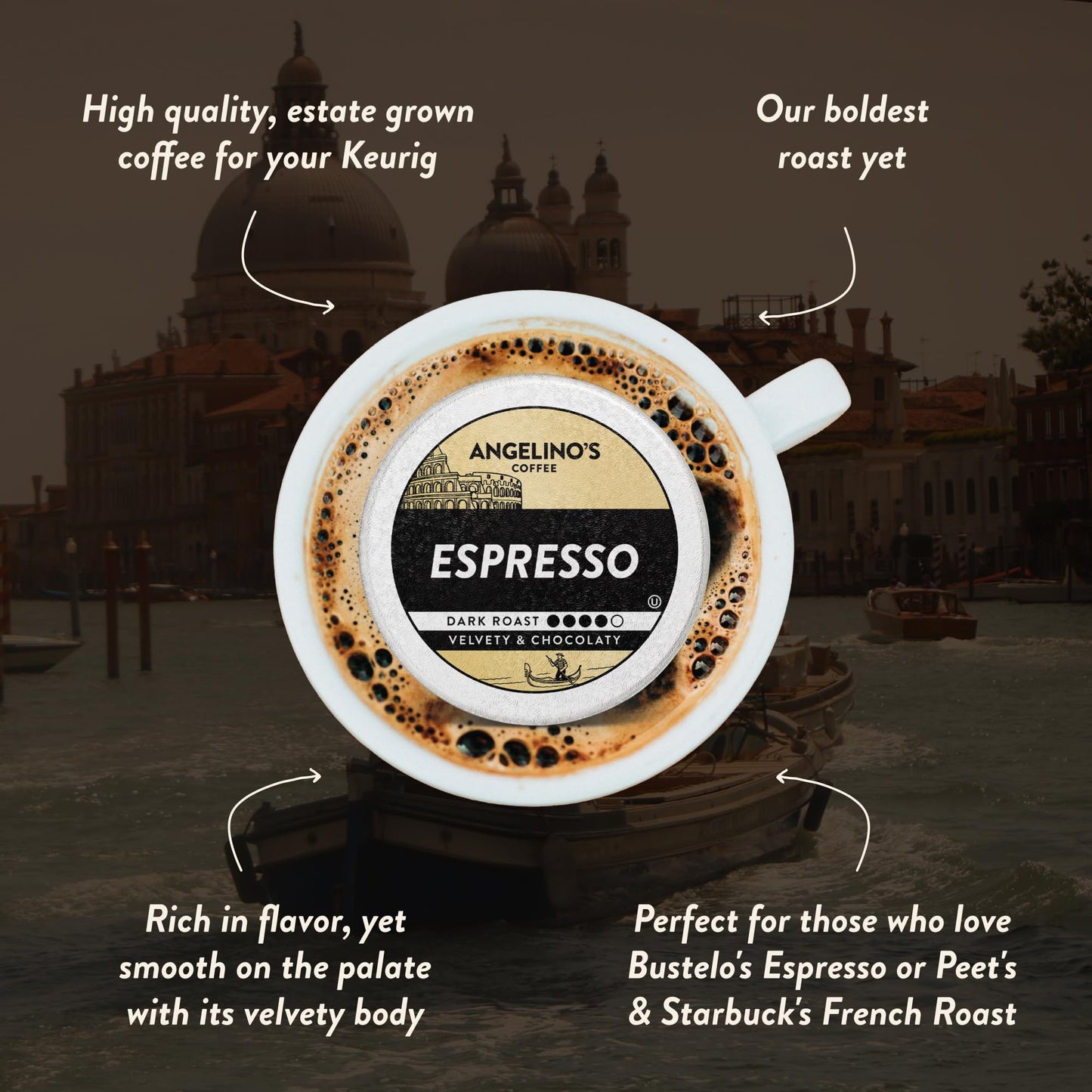 Angelino's Coffee Espresso Dark Roast Coffee Pods, 24 Count - Bold Italian Style Blend, K Cup Compatible for Keurig - Dark Chocolate & Caramel Notes