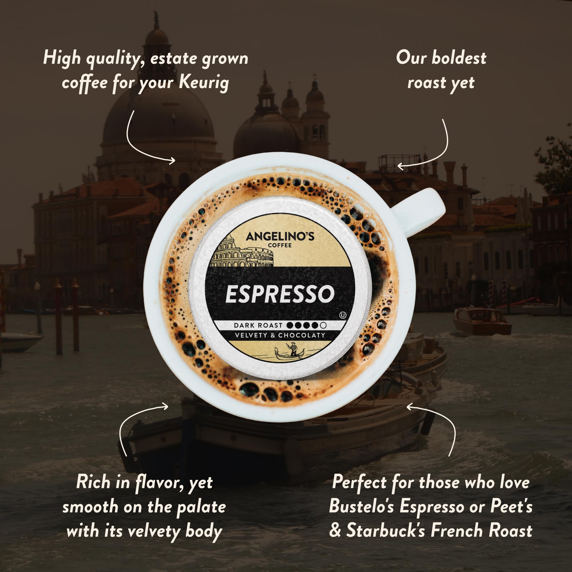 Angelino's Coffee Espresso Dark Roast Coffee Pods, 24 Count - Bold Italian Style Blend, K Cup Compatible for Keurig - Dark Chocolate & Caramel Notes