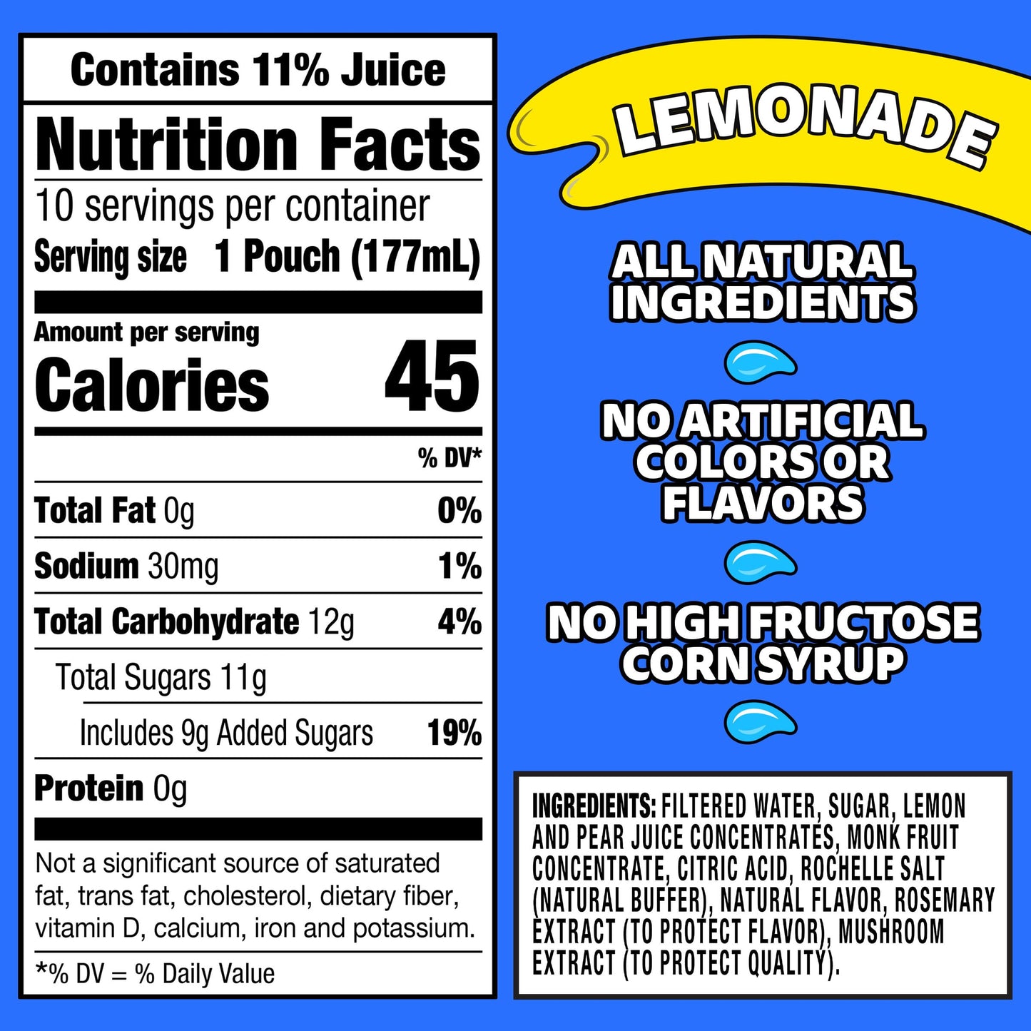 Capri Sun Flavored with Other Natural Flavor Juice Drink Blend, 10 Pouches, for School Lunches and On-the-Go Hydration, Lemonade, All Natural