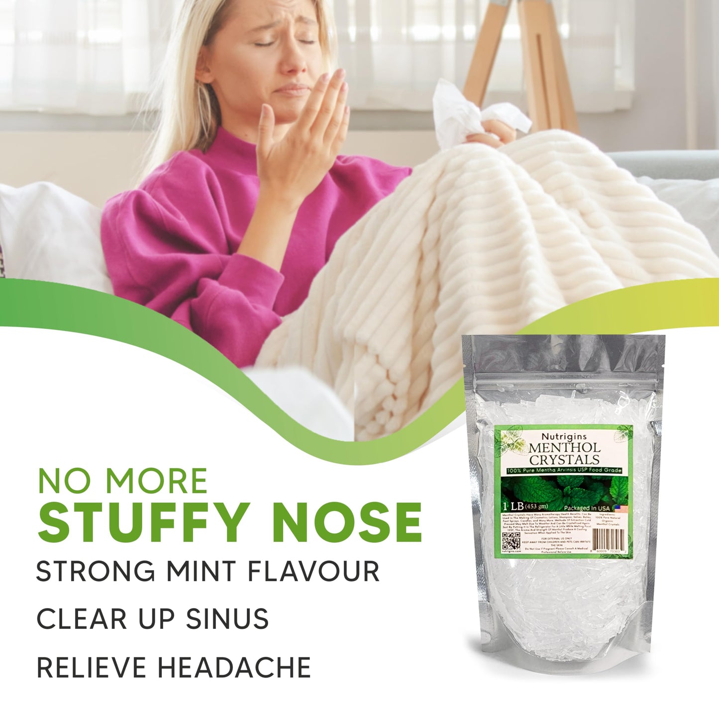 Nutrigins Menthol Crystal 1 LB - Pure Organic 100% Natural - Menthol Crystals from Mint Crystal Mints Mentha Arvensis - Comes in Resealable Standup
