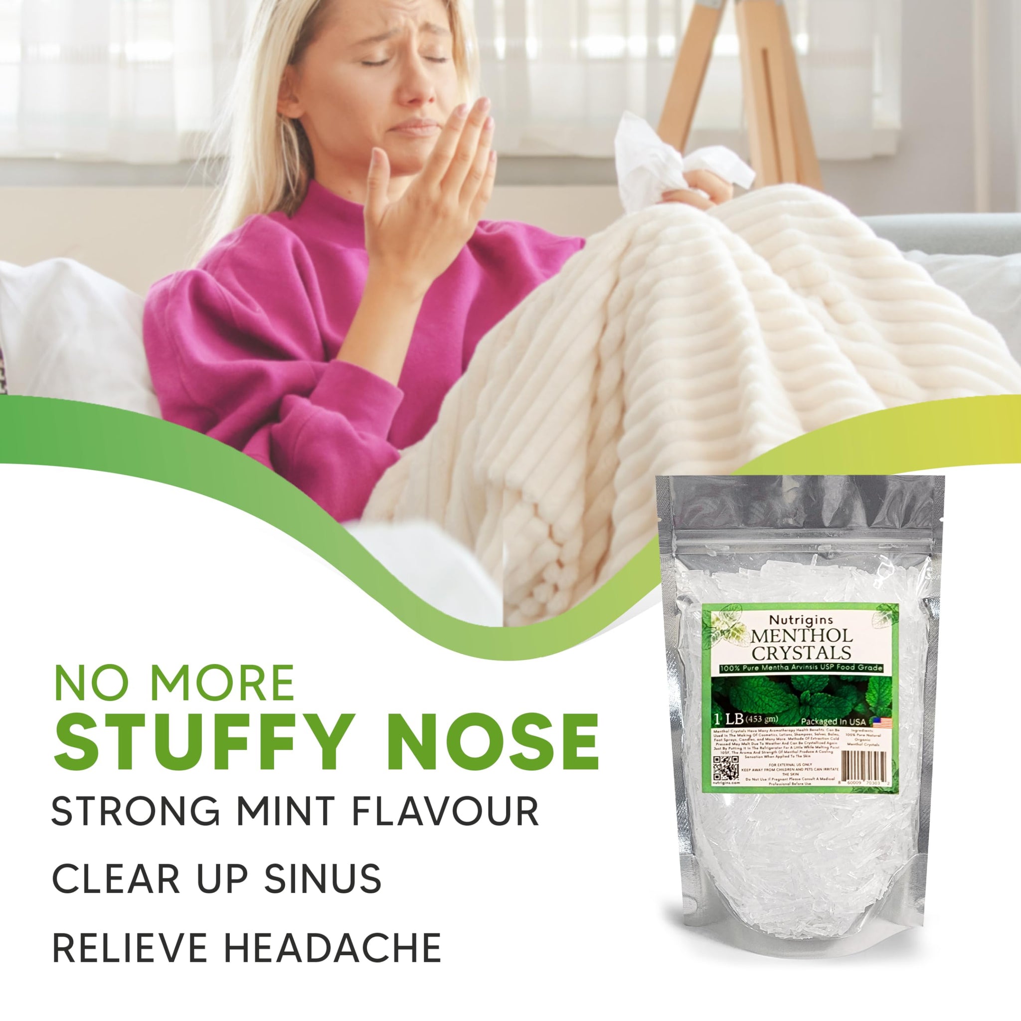 Nutrigins Menthol Crystal 1 LB - Pure Organic 100% Natural - Menthol Crystals from Mint Crystal Mints Mentha Arvensis - Comes in Resealable Standup