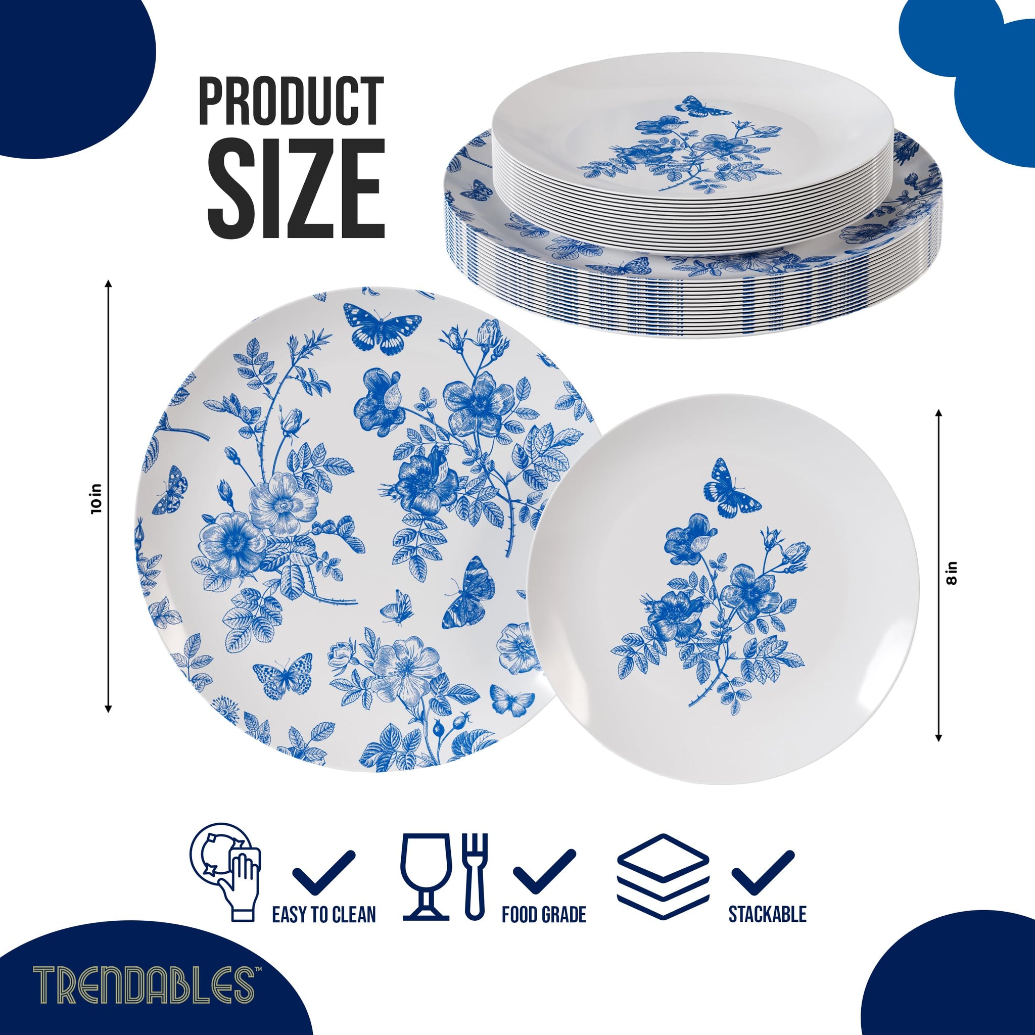 Trendables Disposable Plates For Party Supplies | Blue Floral Plastic Plates For Wedding 40 Pcs - 20 X 8 & 20 X 10 Dinner Plate Sets | Floral Plate
