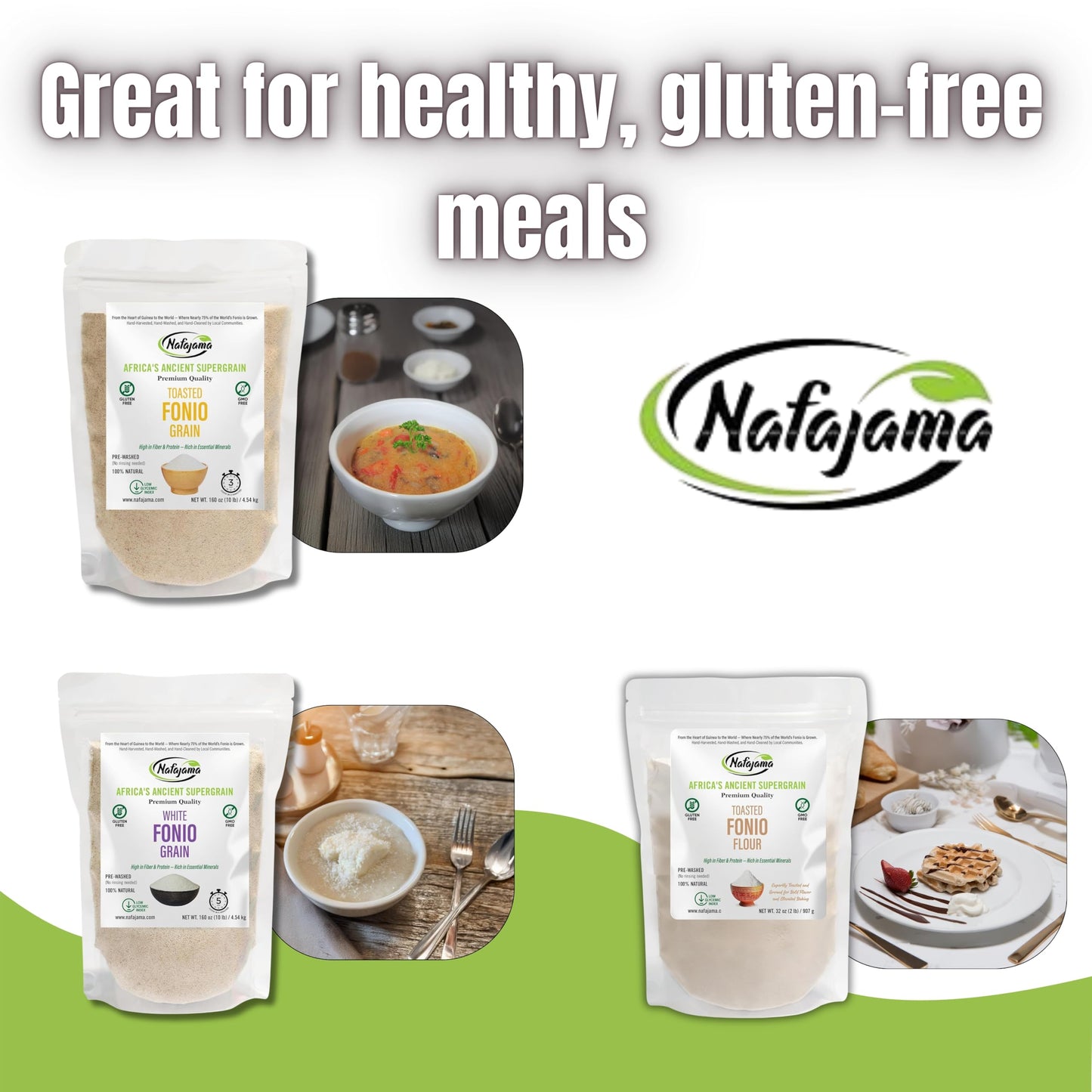 Nafajama Premium Fonio Variety 3 Packs-3lb, White Fonio Grain, Toasted Fonio Grain Organic & Toasted Fonio Flour | Gluten-Free Ancient Grain | Non-GMO, Vegan, High-Fiber Rice Alternative