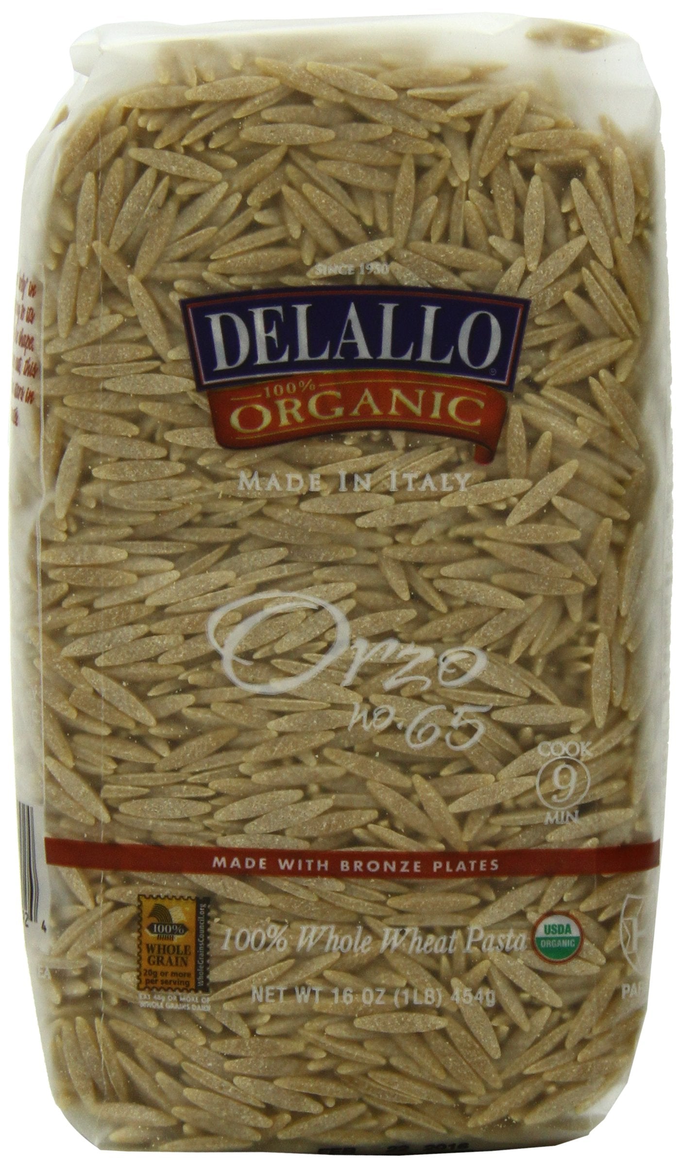 Delallo Organic Whole Wheat Orzo Pasta, 17 Ounce - 16 per case.