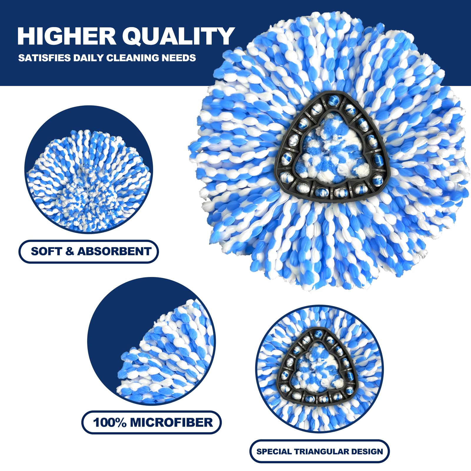 3 Pack Spin Mop Replacement Head Compatible with RinseClean 2-Tank System, Microfiber Mop Refill, Machine Washable Deep Cleaning Mop Head for Hardwood
