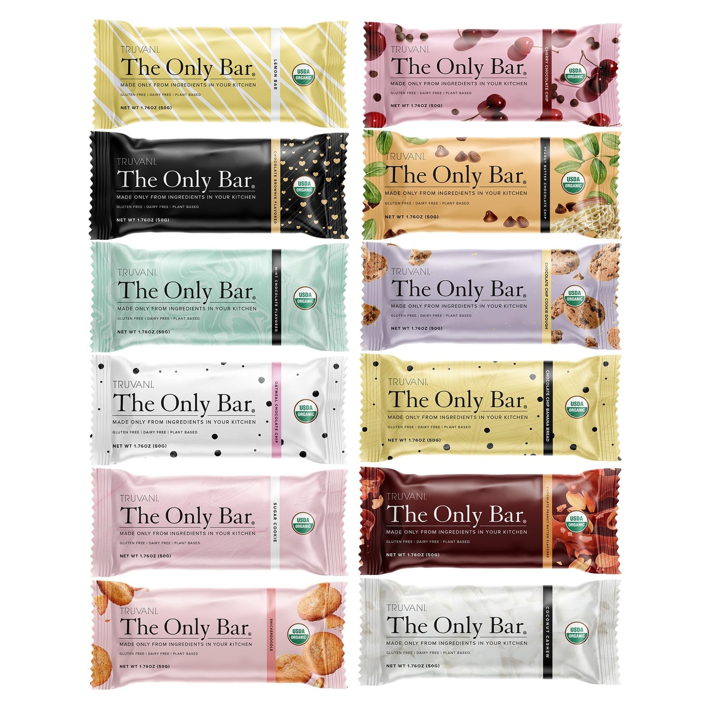 Truvani Plant Based Snack Bars | Variety 12 Pack | 5-8g Protein | USDA Organic and Vegan | The Only Bar | Dairy, Soy, and Gluten Free | Individually