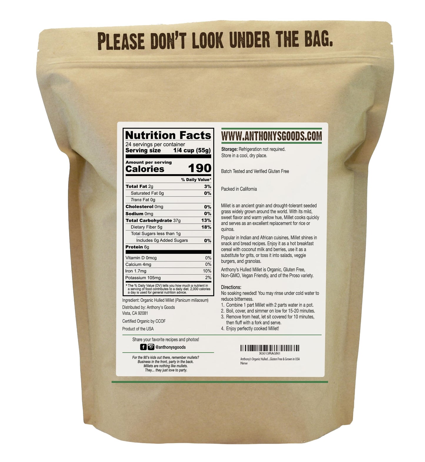 Anthony's Organic Hulled Millet, 3 lb, Gluten Free, Grown in the USA