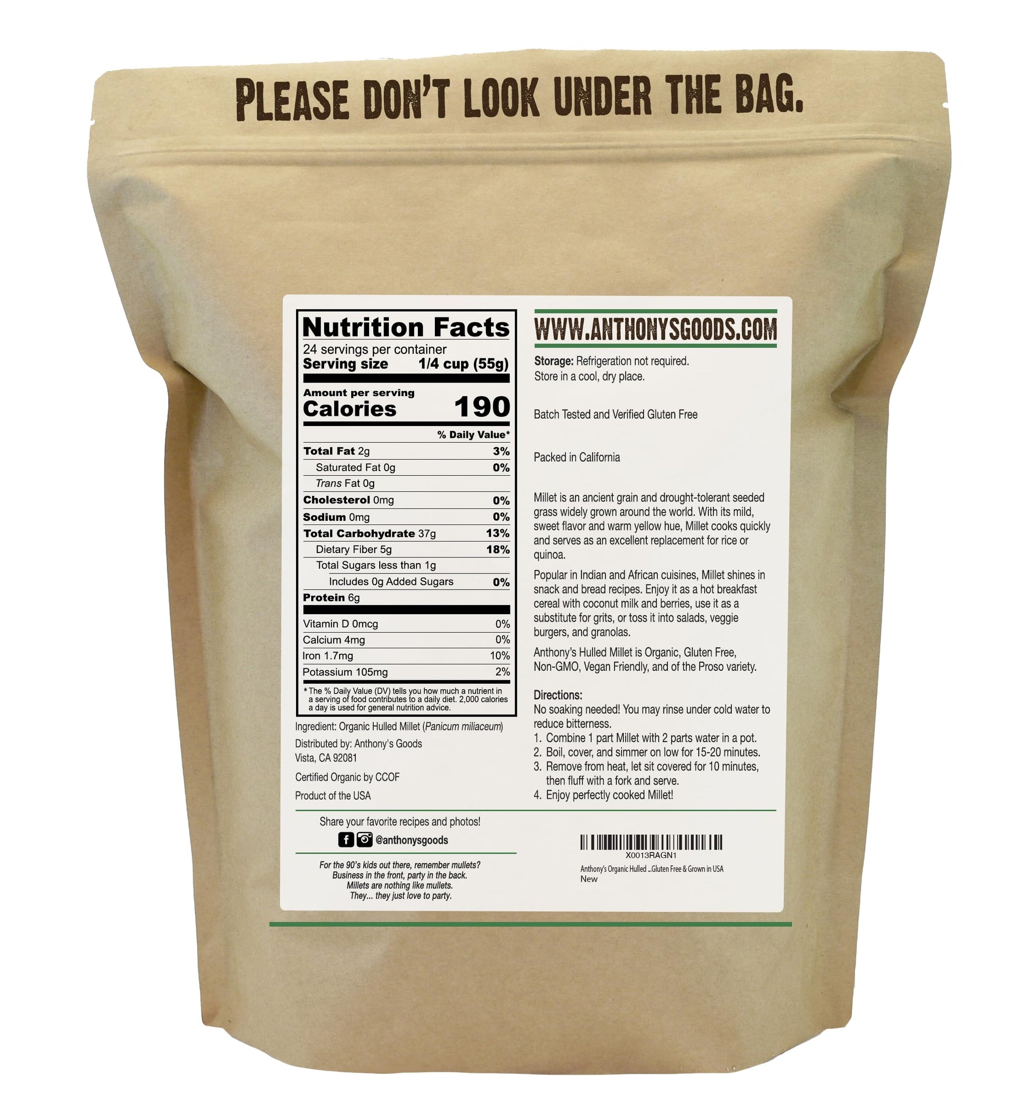 Anthony's Organic Hulled Millet, 3 lb, Gluten Free, Grown in the USA