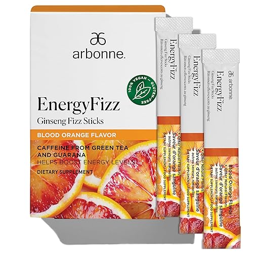 Arbonne Ginseng Energy Supplements - Blood Orange Flavor Fizz Sticks, Energy Boost with Caffeine Powder from Guarana and Green Tea, Delicious